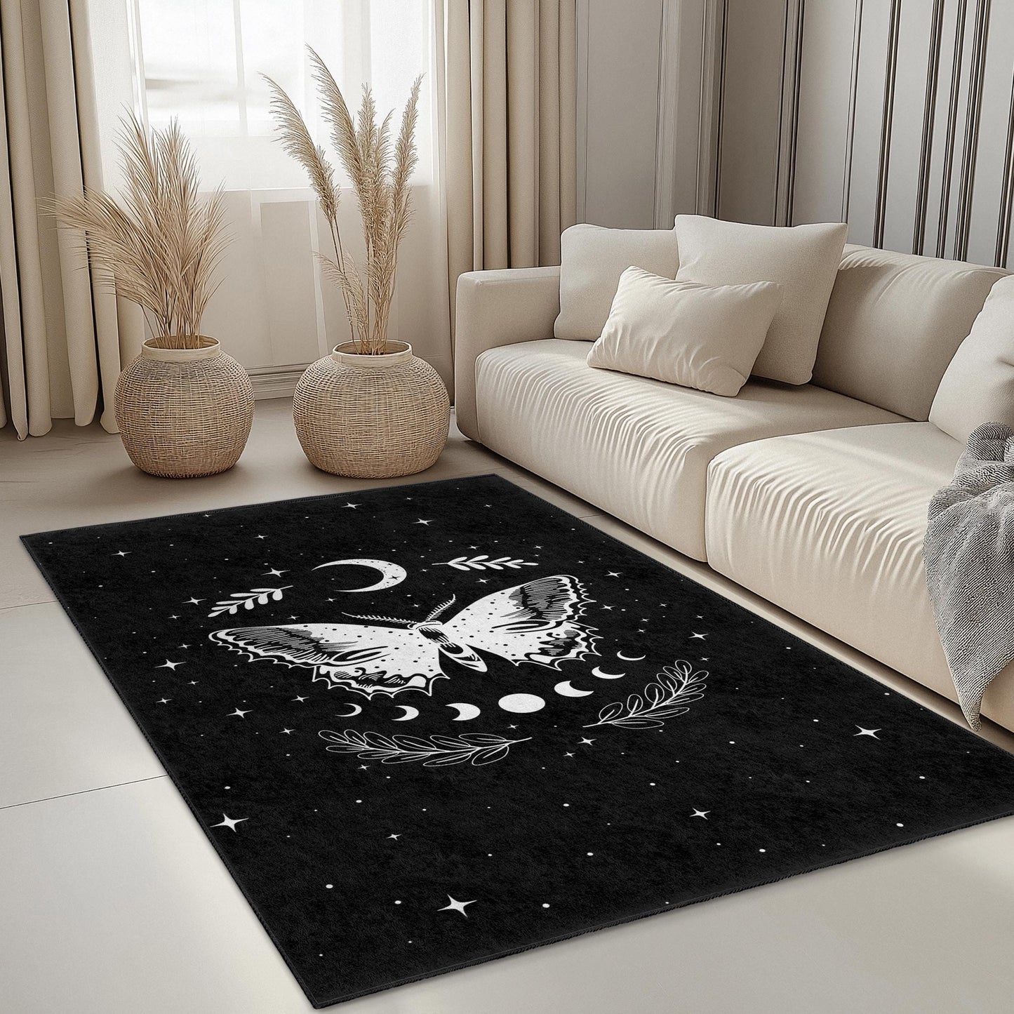 Rechteckiger Teppich mit Mond- und Schmetterlingsmotiv, kosmischer Teppich in Schwarz-Weiß, Wohnaccessoires im Bohème-Stil, stilvoller Wohnzimmerteppich, einzigartiges Schmetterlingsdesign