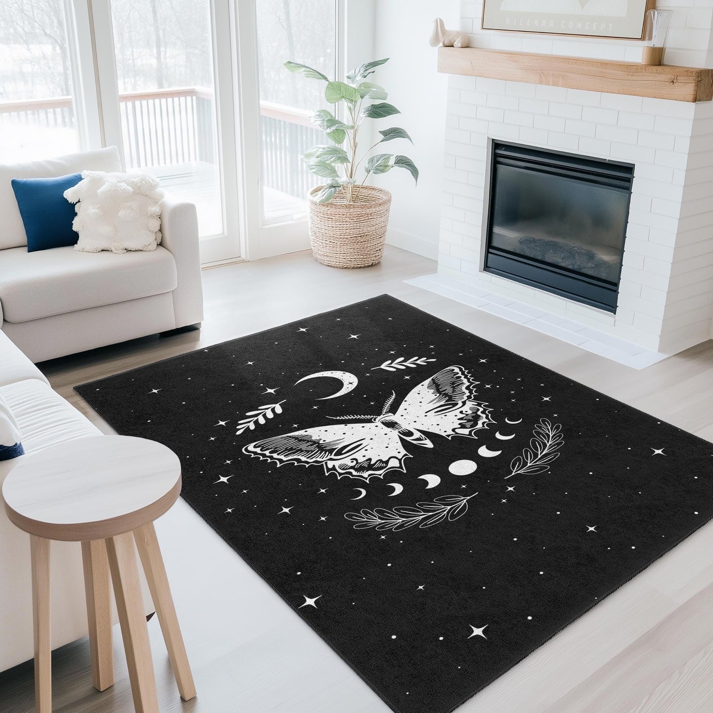Rechteckiger Teppich mit Mond- und Schmetterlingsmotiv, kosmischer Teppich in Schwarz-Weiß, Wohnaccessoires im Bohème-Stil, stilvoller Wohnzimmerteppich, einzigartiges Schmetterlingsdesign