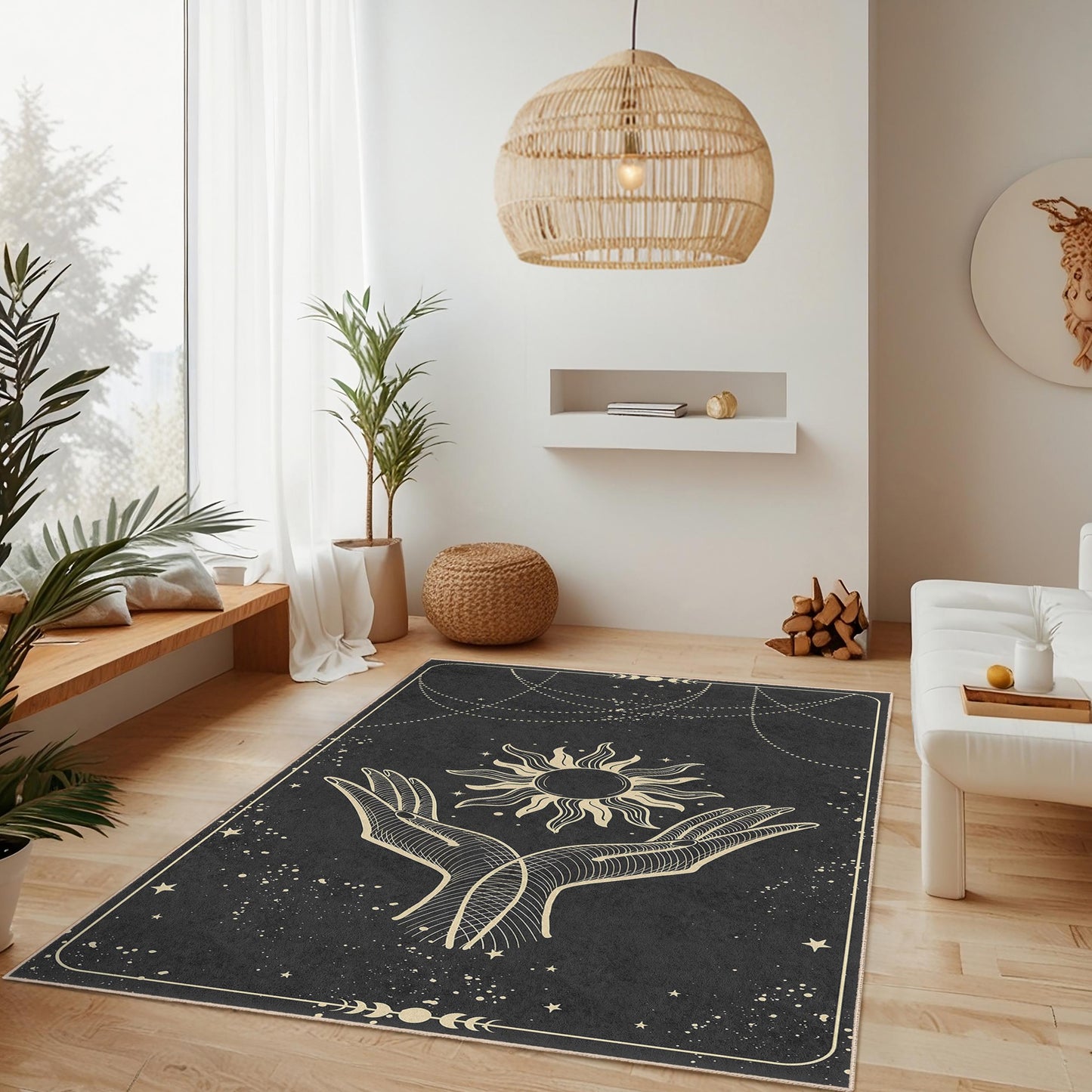 Abstrakter rechteckiger Teppich mit Sonne- und Handmotiv, Teppich im Bohème-Stil, Wohnzimmerdekoration, spiritueller Heimteppich, einzigartige Fußmatte