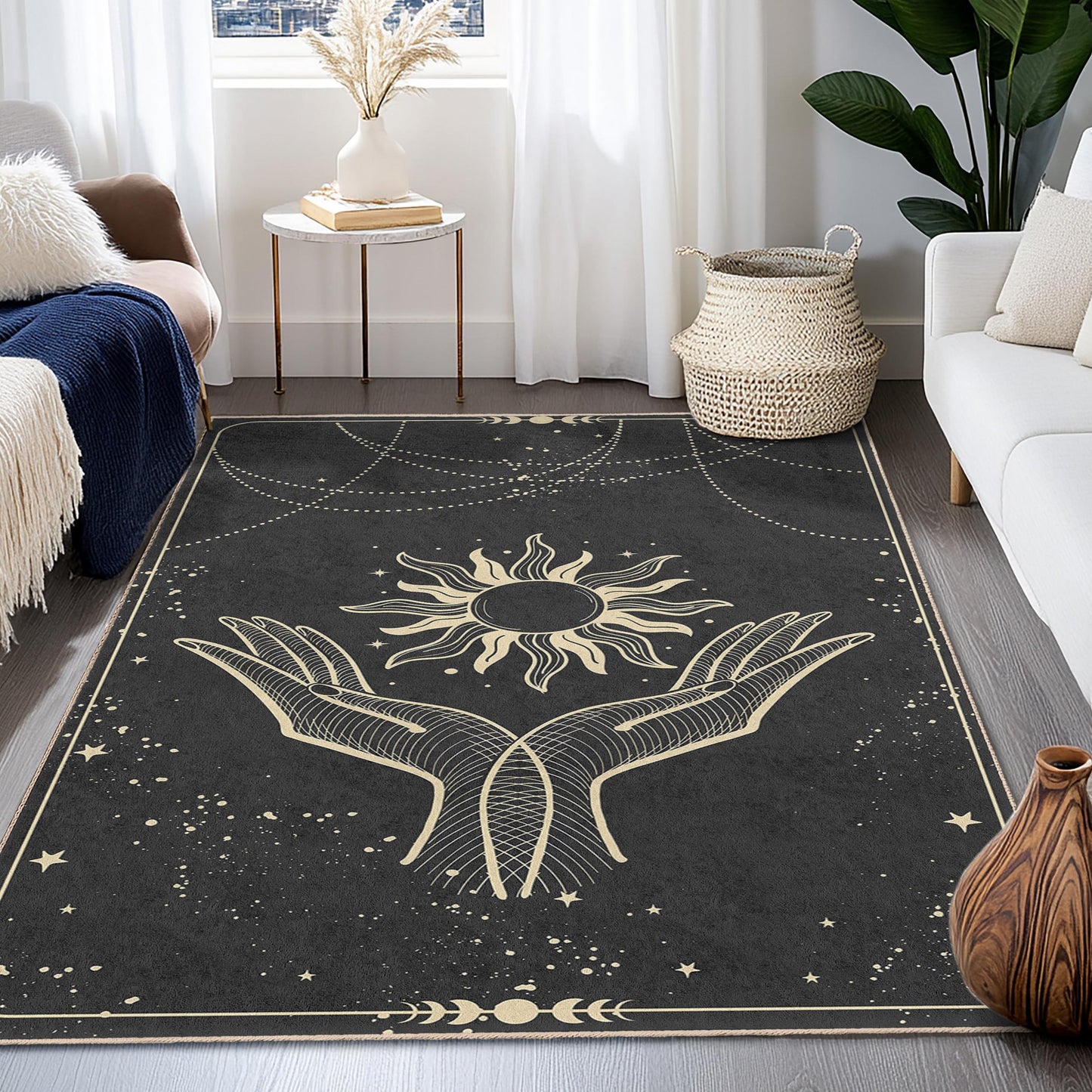 Abstrakter rechteckiger Teppich mit Sonne- und Handmotiv, Teppich im Bohème-Stil, Wohnzimmerdekoration, spiritueller Heimteppich, einzigartige Fußmatte