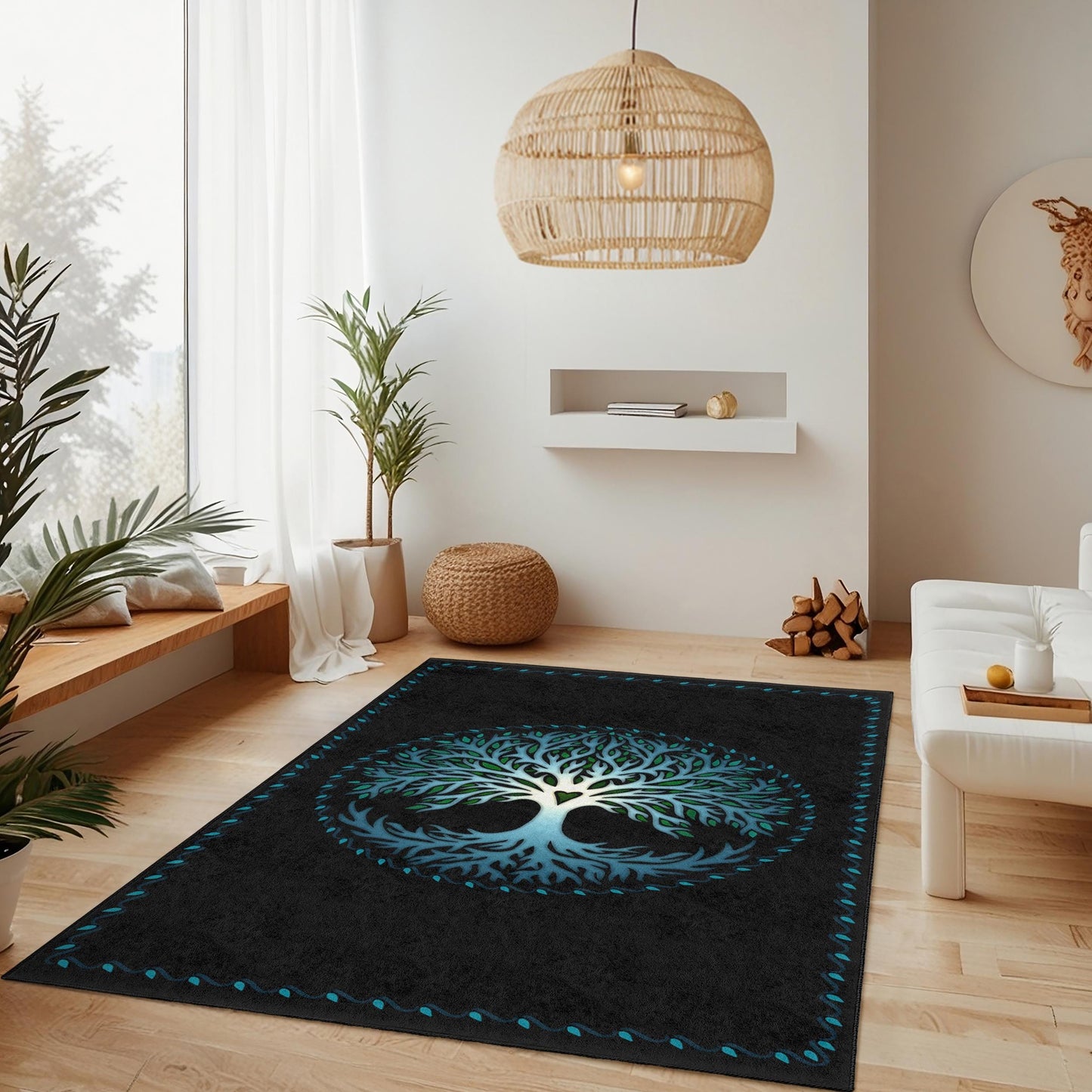 Rechteckiger Teppich „Baum des Lebens“, naturnahe Wohndekoration, Wohnzimmerteppich, Teppich im Bohème-Stil, Teppich mit Waldmotiv