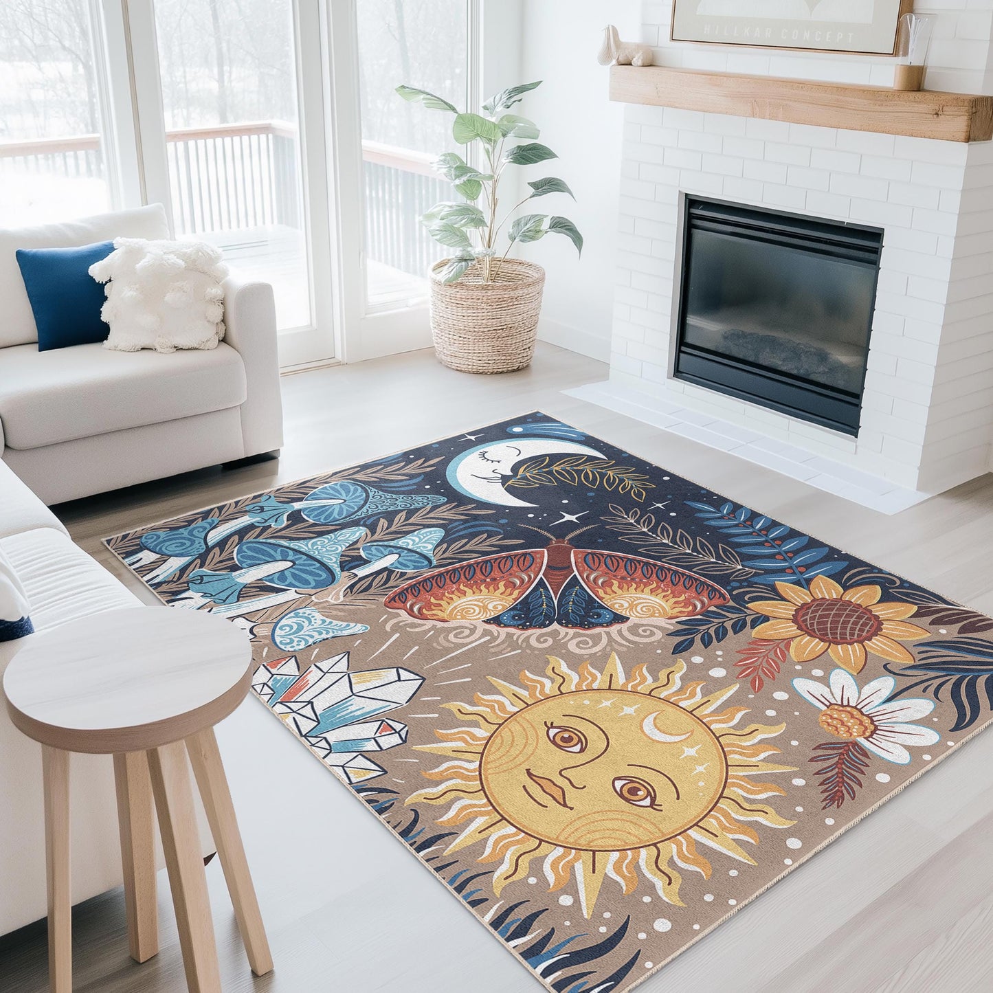 Bezaubernder rechteckiger Teppich mit Sonne- und Mondmotiv, Blumen- und Schmetterlingsdesign, Wohnzimmerteppich, Boho-Stil