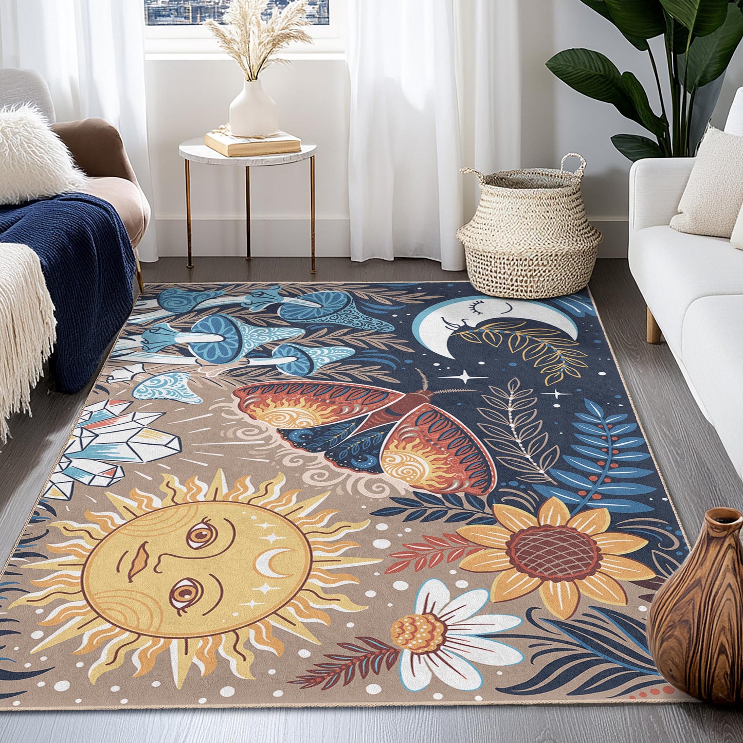Bezaubernder rechteckiger Teppich mit Sonne- und Mondmotiv, Blumen- und Schmetterlingsdesign, Wohnzimmerteppich, Boho-Stil