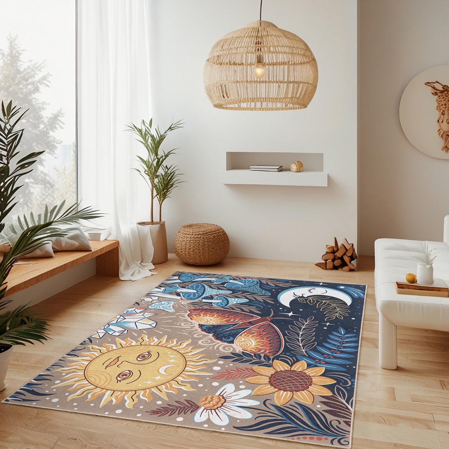 Bezaubernder rechteckiger Teppich mit Sonne- und Mondmotiv, Blumen- und Schmetterlingsdesign, Wohnzimmerteppich, Boho-Stil