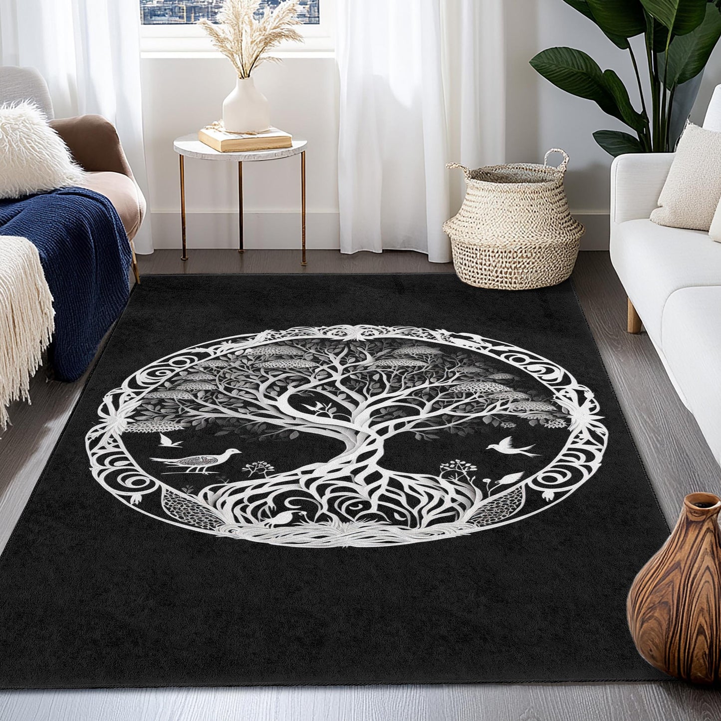 Eleganter runder Teppich mit Lebensbaum-Motiv, schwarz-weißes Naturdekor, runder Boho-Teppich fürs Wohnzimmer, einzigartiges Wohnaccessoire