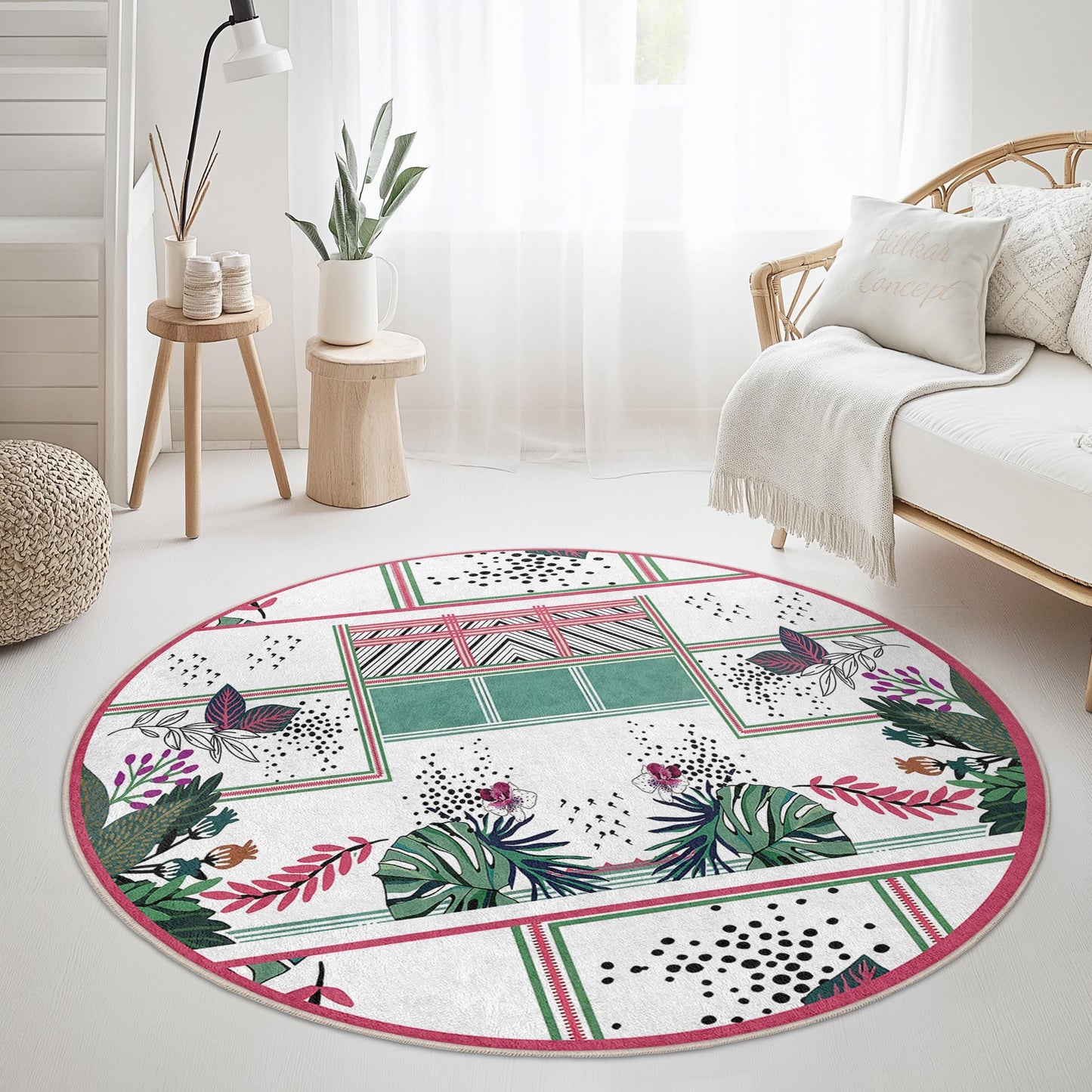 Runder Teppich mit lebendigem Blumenmuster, runder Boho-Chic-Teppich, stilvoller runder Teppich für Wohnzimmer, Schlafzimmer oder Kinderzimmer