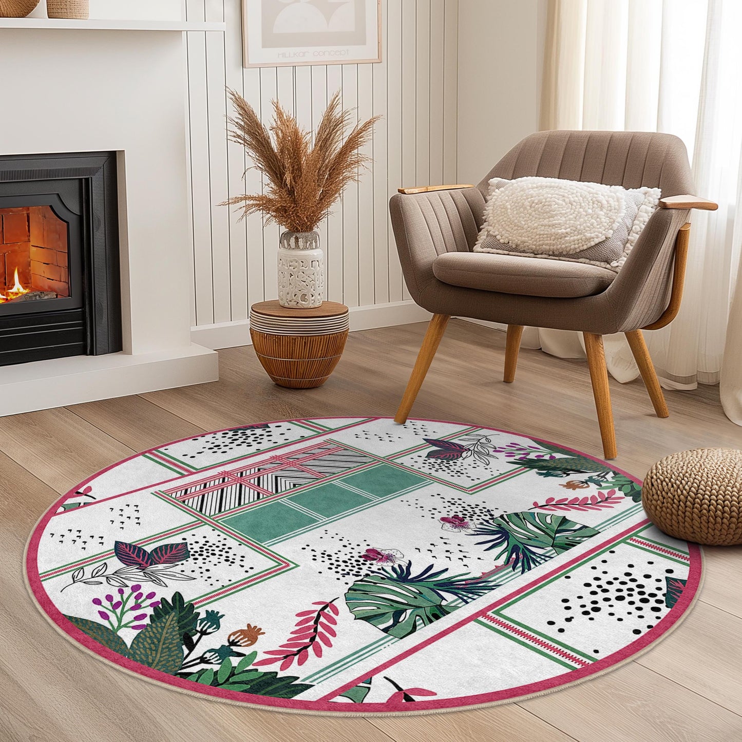Runder Teppich mit lebendigem Blumenmuster, runder Boho-Chic-Teppich, stilvoller runder Teppich für Wohnzimmer, Schlafzimmer oder Kinderzimmer