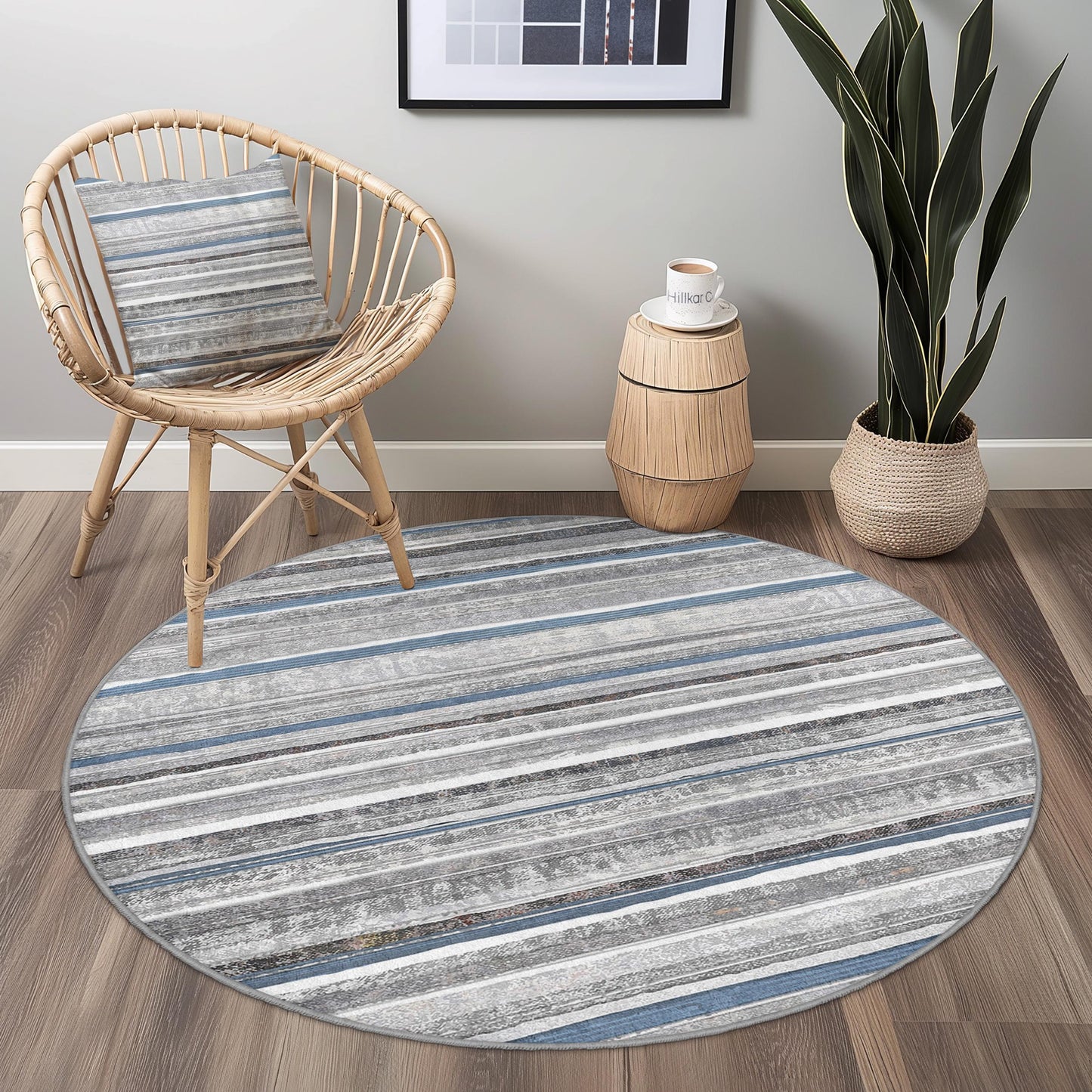 Stilvoller runder Streifenteppich, moderner grau-blauer Kreisteppich, Wohnzimmerdekoration, weicher runder Teppich für Zuhause