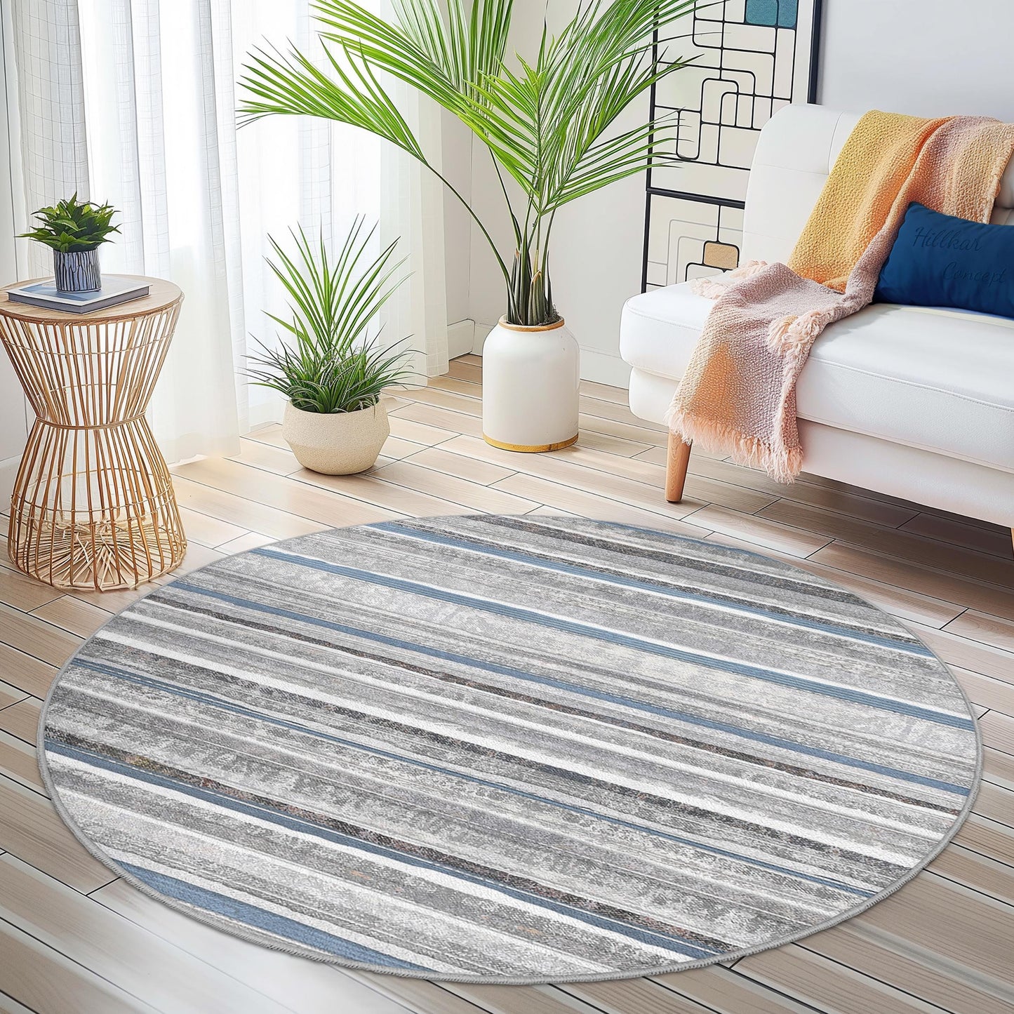 Stilvoller runder Streifenteppich, moderner grau-blauer Kreisteppich, Wohnzimmerdekoration, weicher runder Teppich für Zuhause