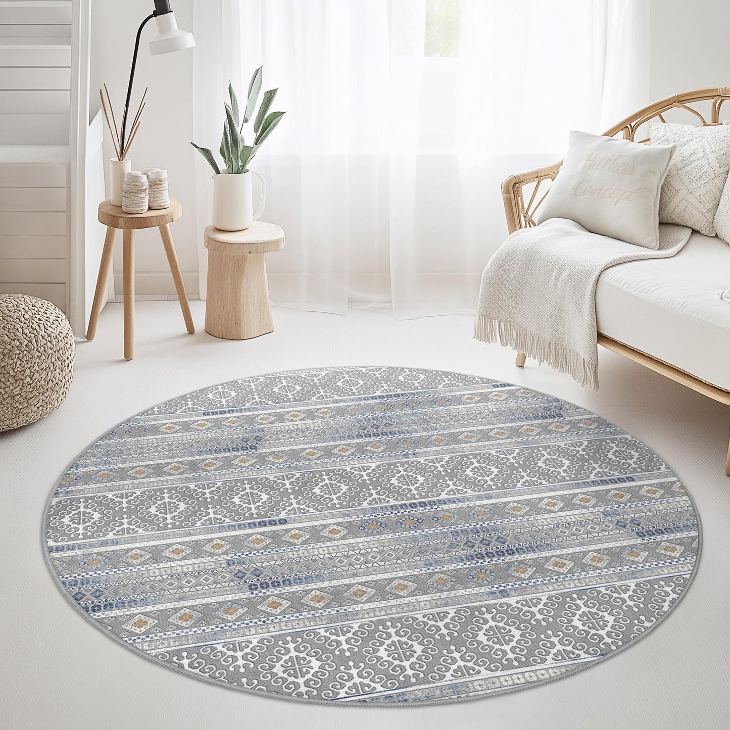 Eleganter, geometrischer, runder Teppich, runder Boho-Teppich, weicher Wohnzimmerteppich, moderne runde Fußmatte, stilvolle Wohndekoration