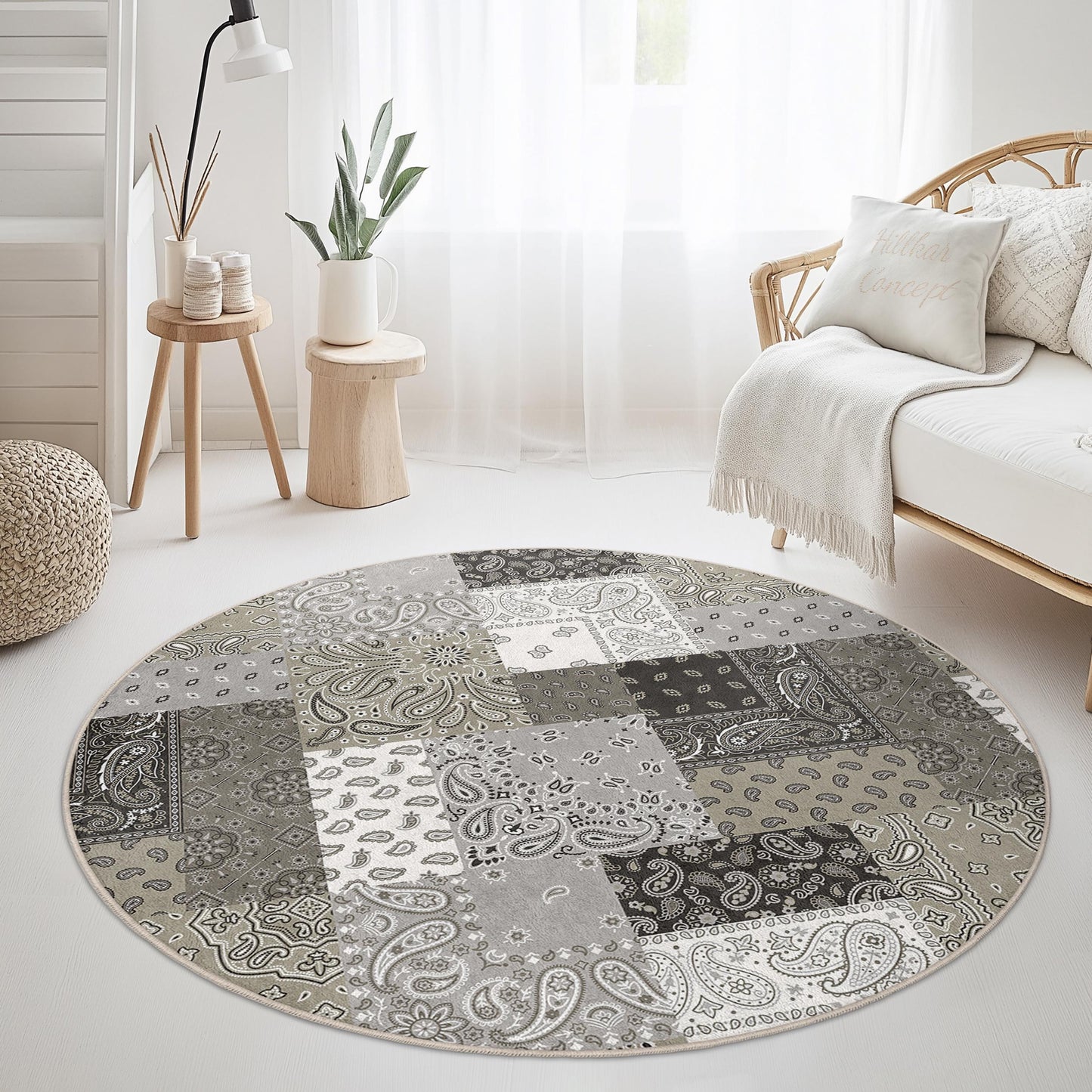 Schicker runder Teppich mit grauem Bandana-Muster, stilvoller runder Teppich fürs Wohnzimmer, runder Teppich im Bohème-Stil, weiche dekorative Bodenmatte