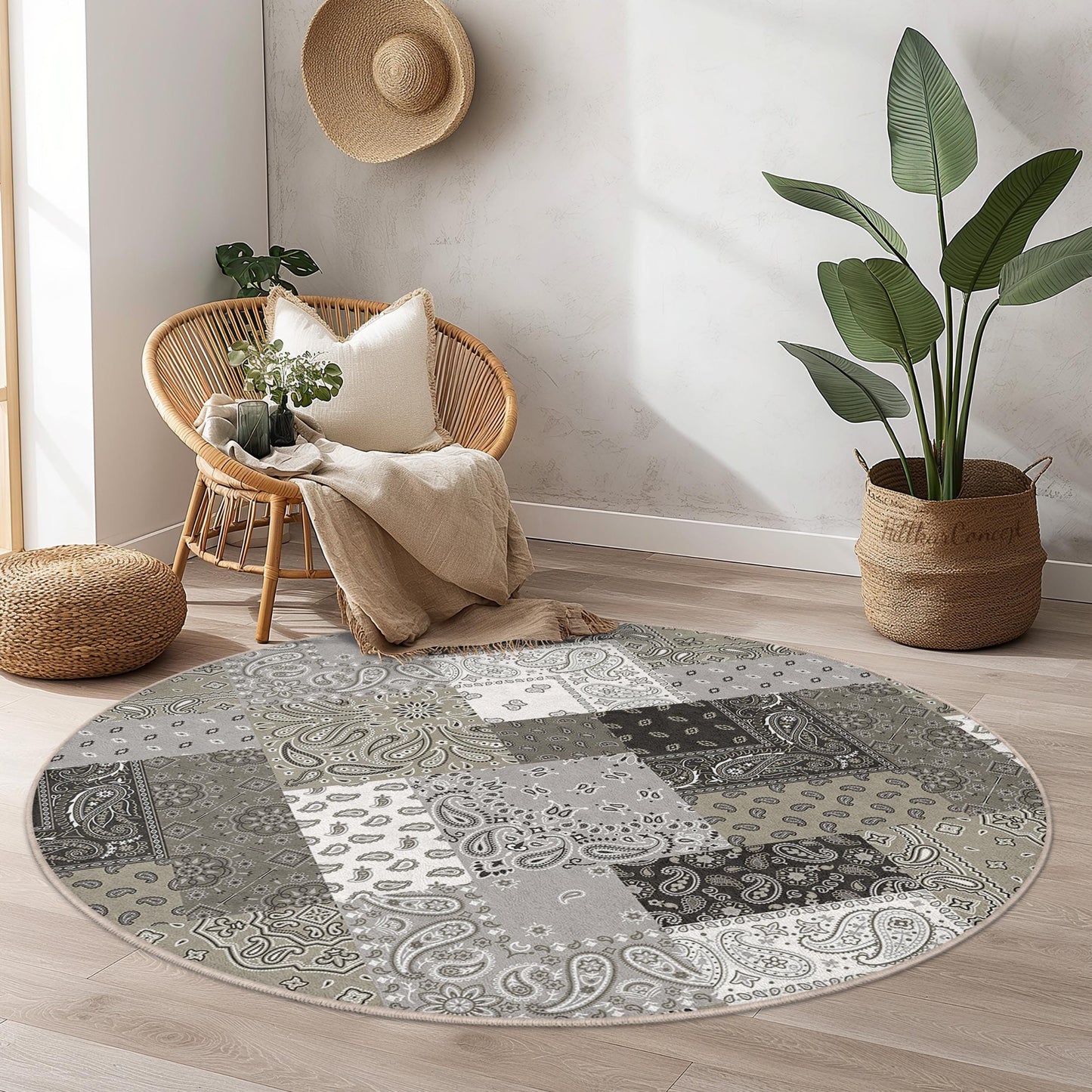 Schicker runder Teppich mit grauem Bandana-Muster, stilvoller runder Teppich fürs Wohnzimmer, runder Teppich im Bohème-Stil, weiche dekorative Bodenmatte