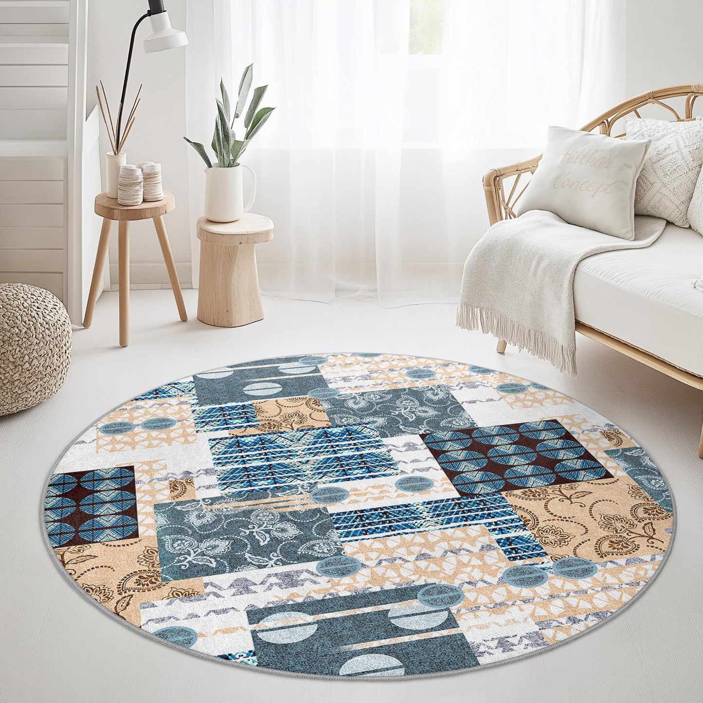 Runder Teppich mit geometrischem Muster, moderner runder Teppich, Wohnzimmerdeko, weicher runder Teppich, Wohnaccessoire im Boho-Stil