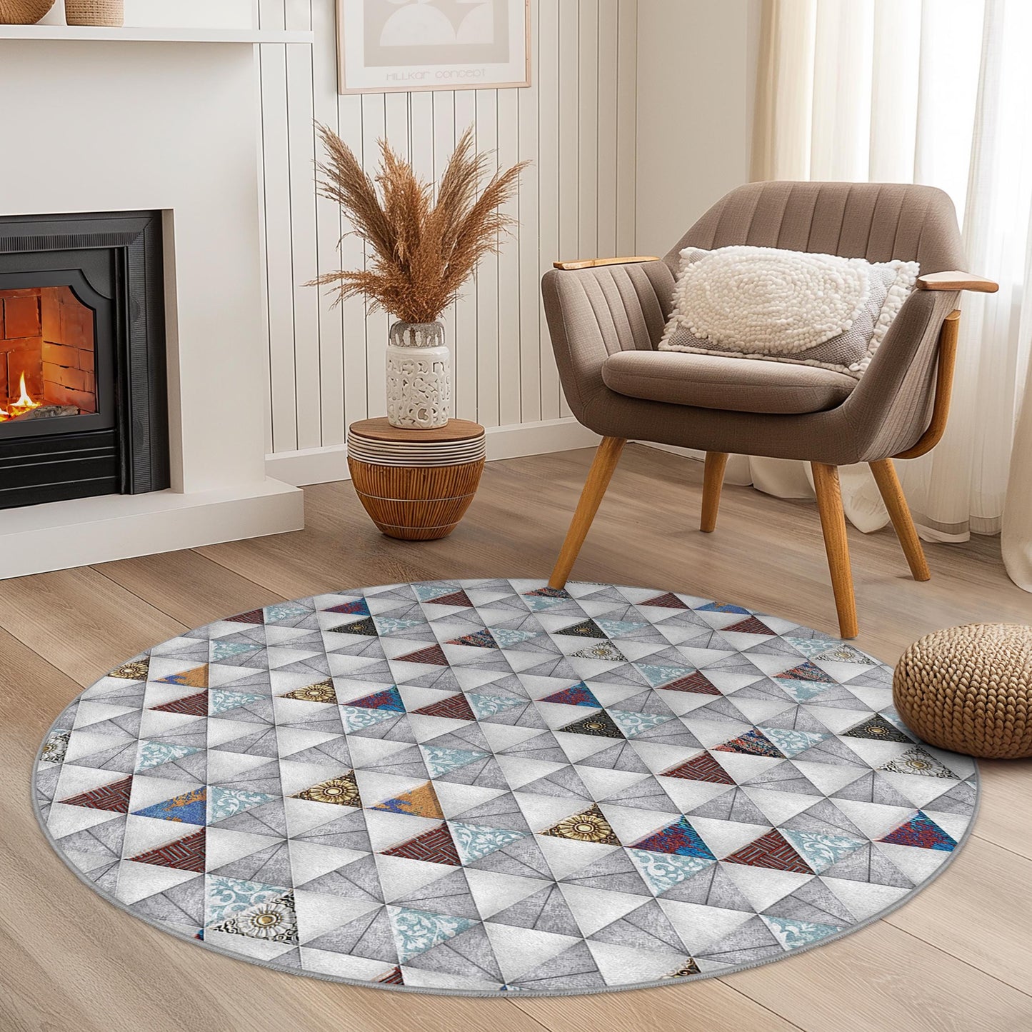 Runder Teppich mit geometrischem Dreiecksmuster, moderner runder Teppich, stilvoller Kreisteppich für Wohnzimmer, Schlafzimmer oder Büro