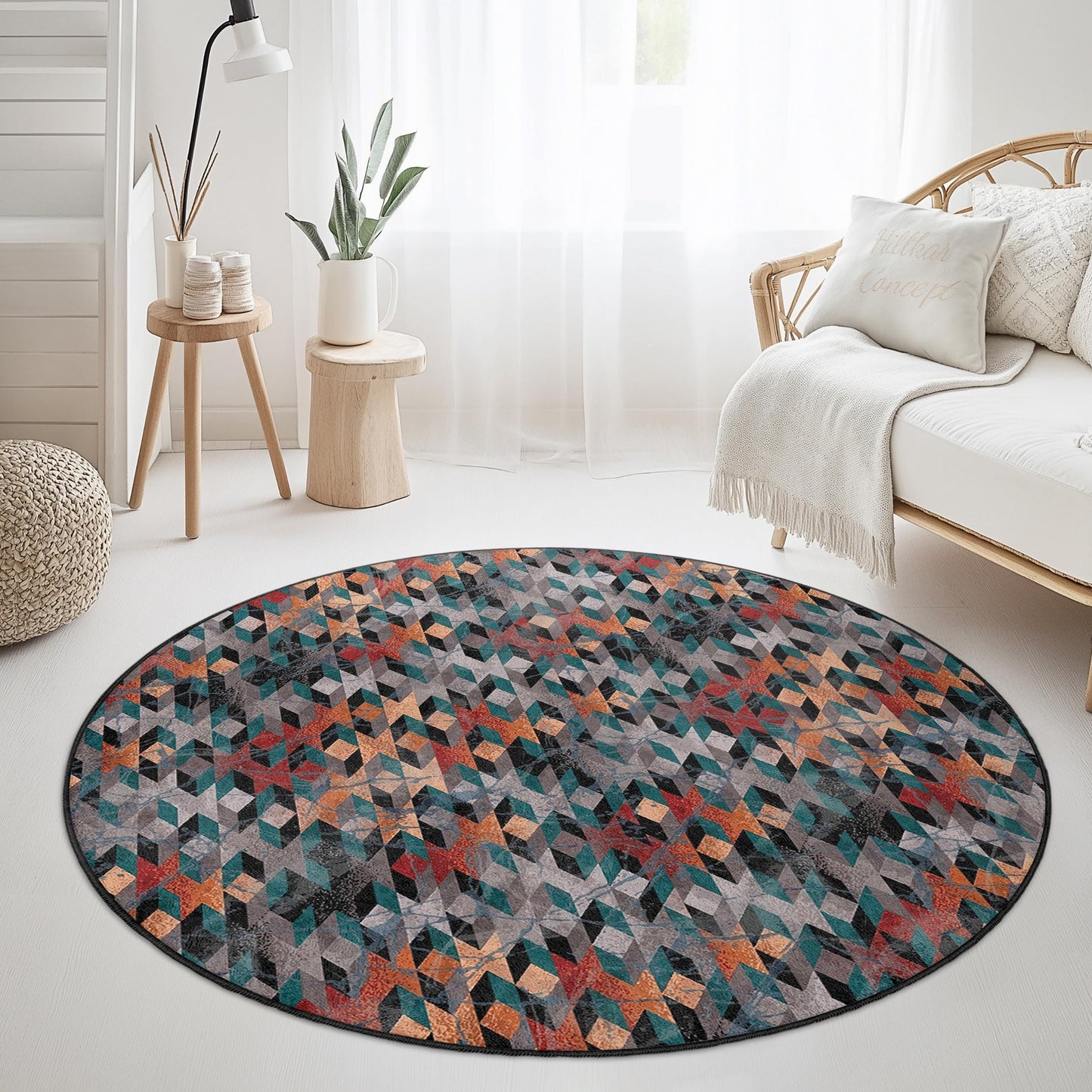 Runder Teppich mit geometrischem Muster, moderner runder Teppich fürs Wohnzimmer, stilvolle runde Fußmatte, einzigartige runde Wohnaccessoires