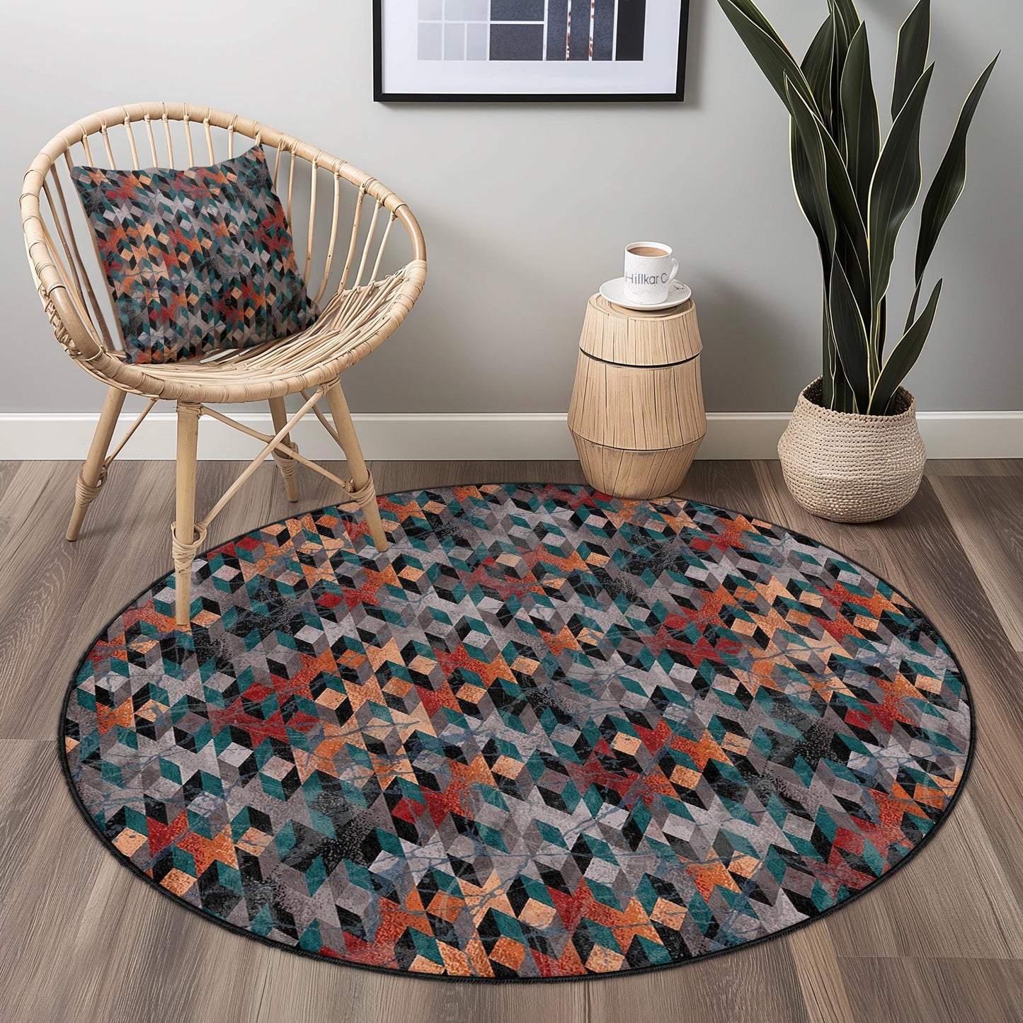 Runder Teppich mit geometrischem Muster, moderner runder Teppich fürs Wohnzimmer, stilvolle runde Fußmatte, einzigartige runde Wohnaccessoires
