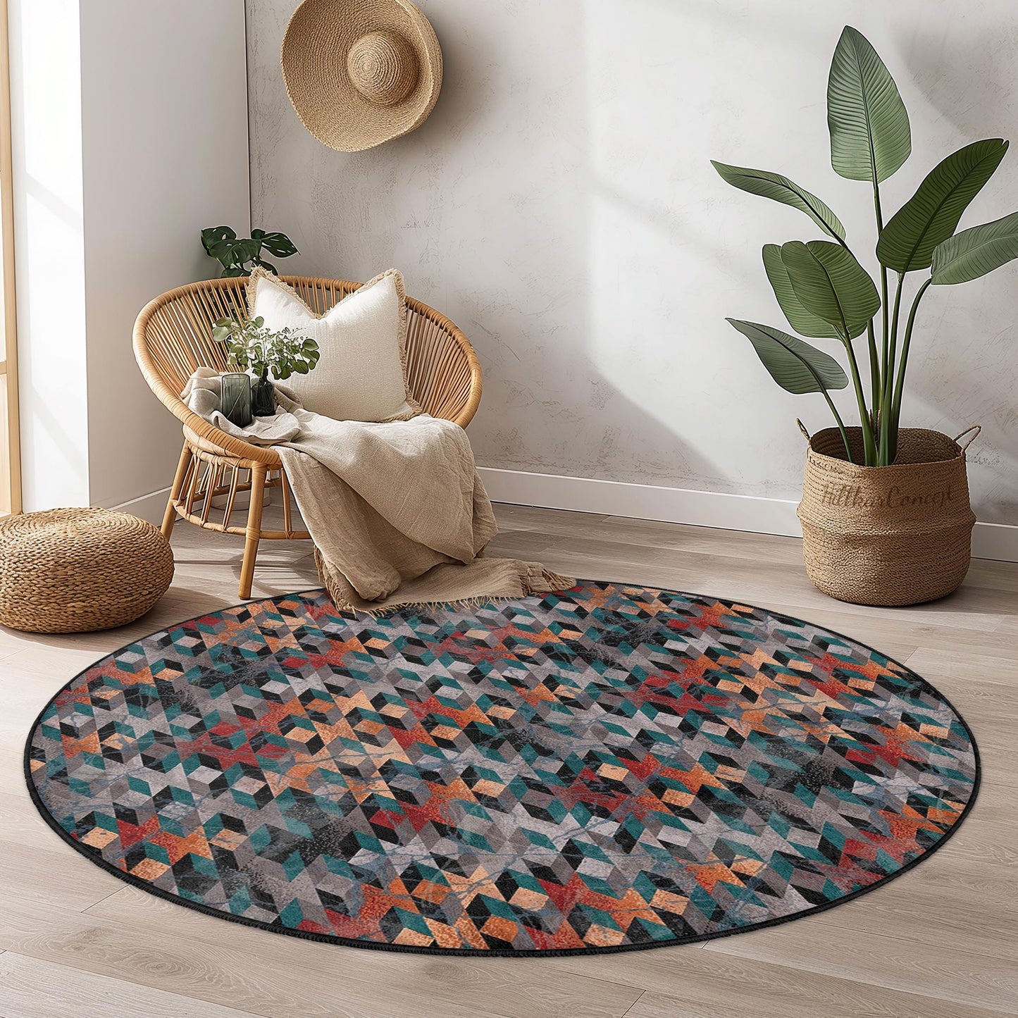 Geometric Pattern Round Area Rug, Modern Round Carpet for Living Room, Stylish Round Floor Mat, Unique Round Home Decor