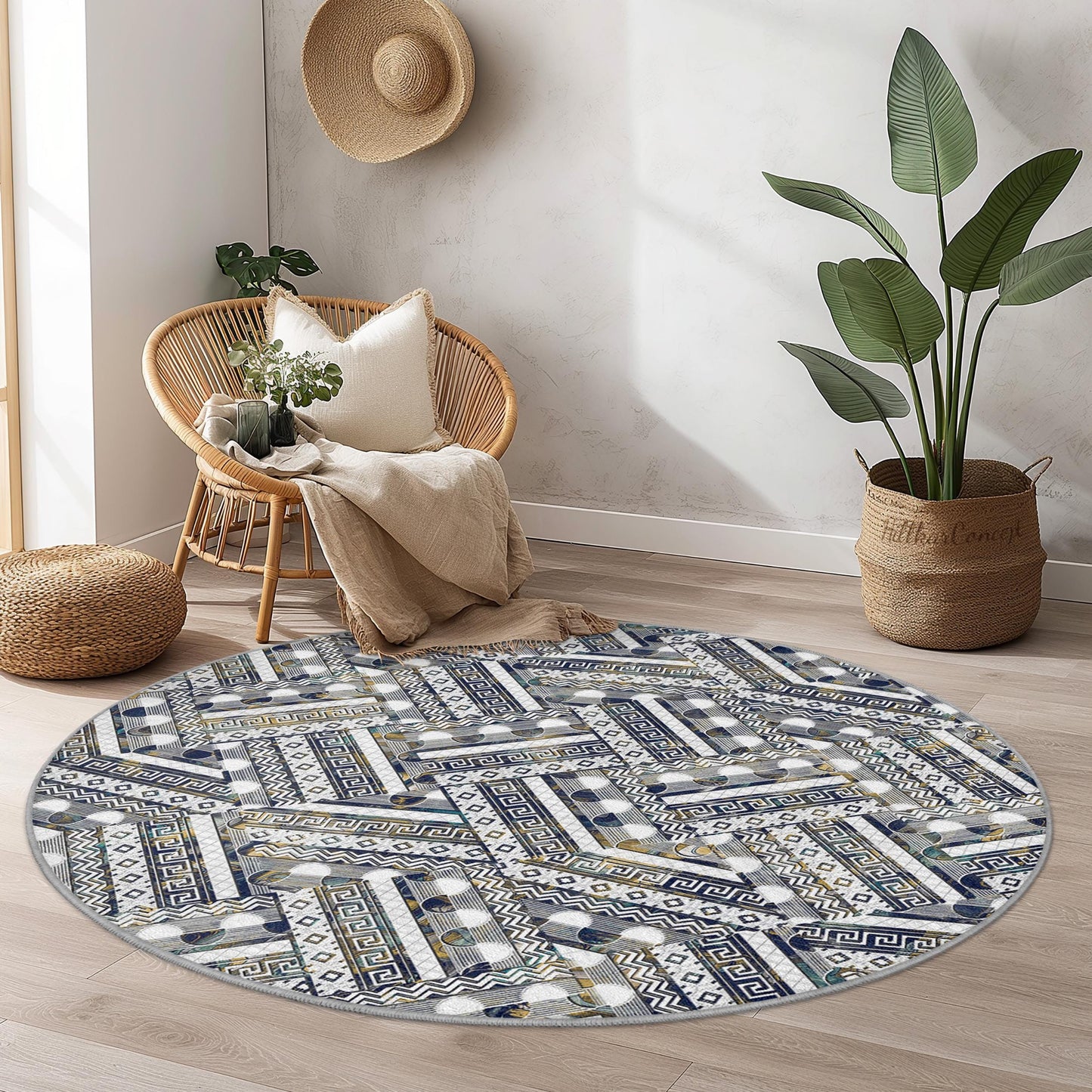 Eleganter, geometrischer, runder Teppich, moderner runder Teppich, Wohnzimmerdekoration, stilvoller runder Teppich, runde Matte für den Innenbereich