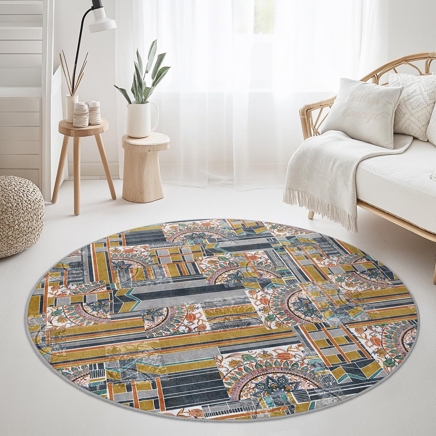 Runder Teppich mit geometrischem Muster, moderner runder Teppich fürs Wohnzimmer, stilvolle runde Fußmatte, einzigartige Wohndekoration