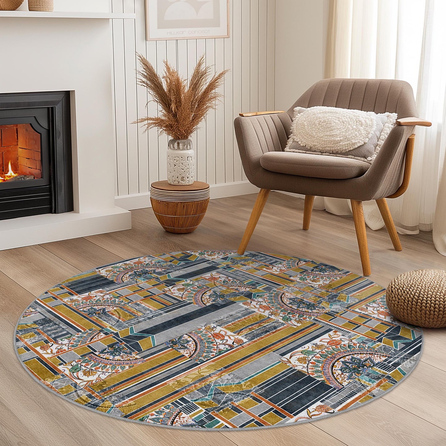 Runder Teppich mit geometrischem Muster, moderner runder Teppich fürs Wohnzimmer, stilvolle runde Fußmatte, einzigartige Wohndekoration