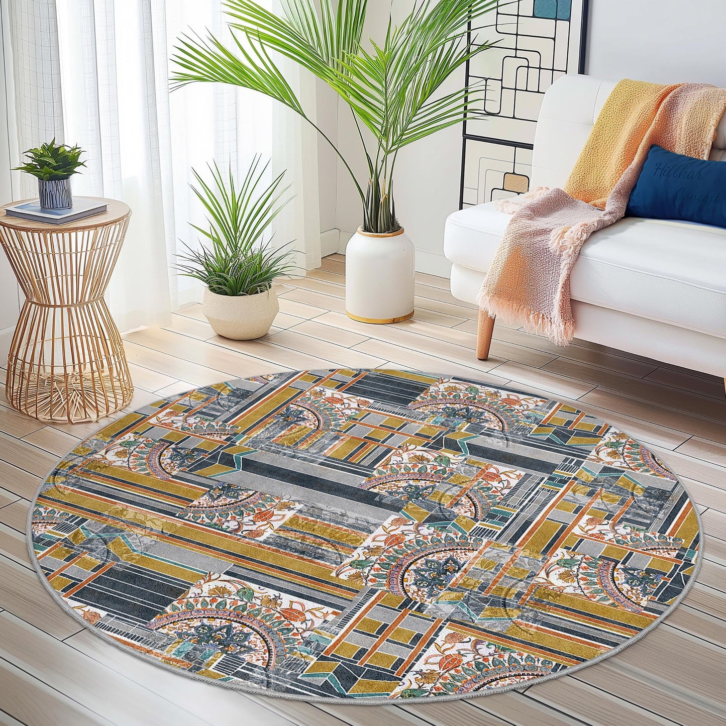 Runder Teppich mit geometrischem Muster, moderner runder Teppich fürs Wohnzimmer, stilvolle runde Fußmatte, einzigartige Wohndekoration