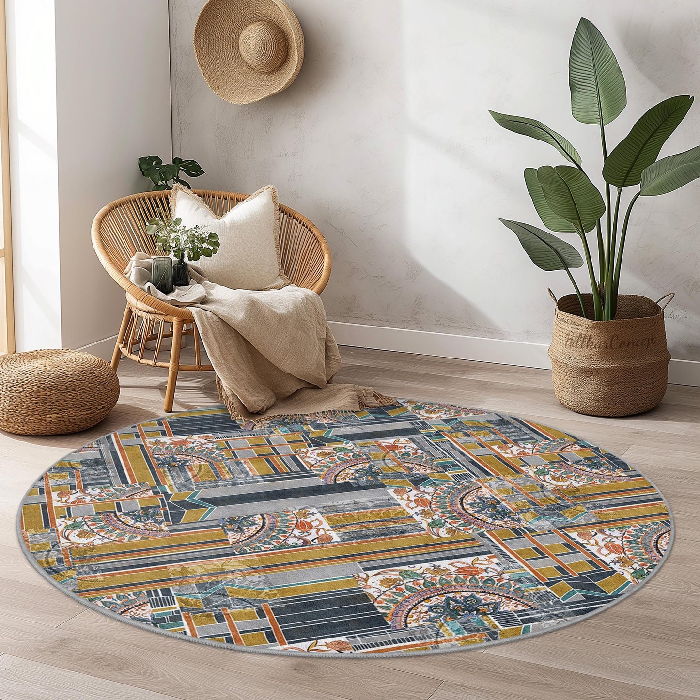 Geometric Pattern Round Area Rug, Modern Round Carpet for Living Room, Stylish Round Floor Mat, Unique Home Decor