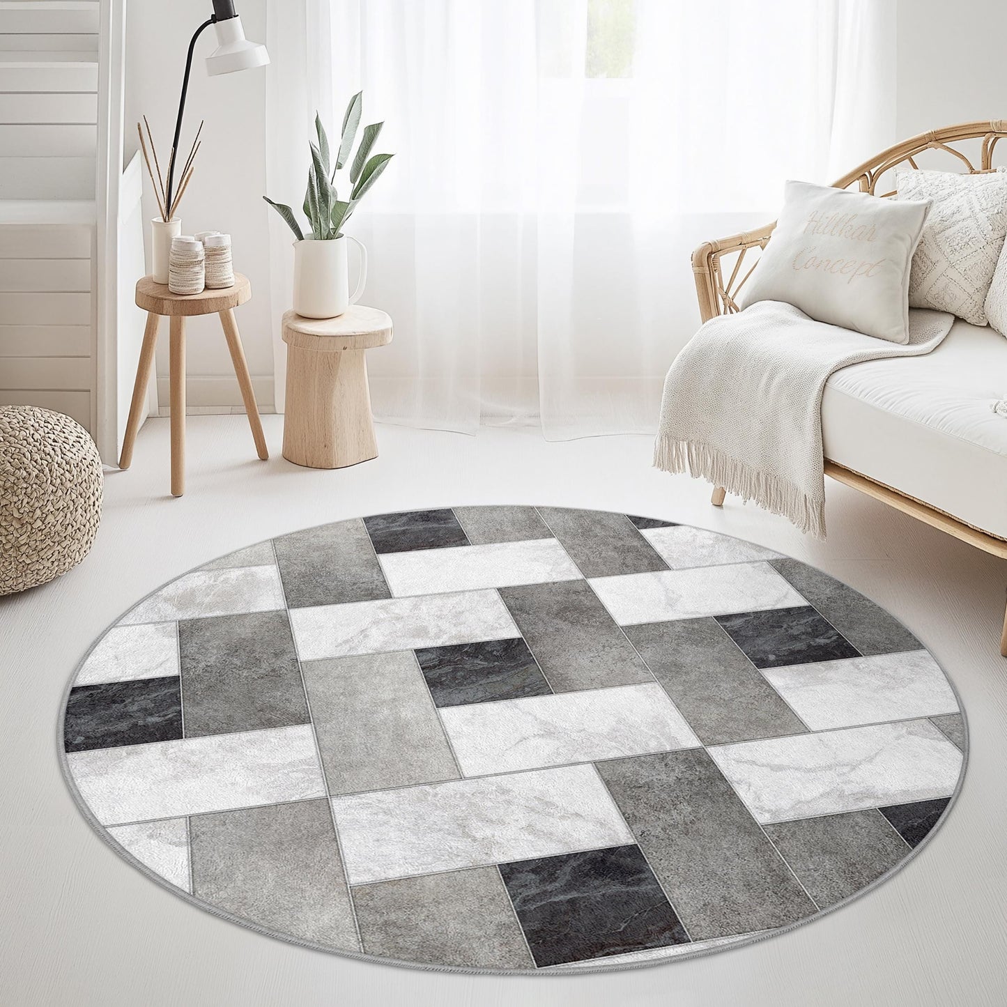 Moderner geometrischer runder Teppich, stilvoller runder Teppich, Wohnzimmerdekoration, weiche runde Fußmatte, zeitgenössisches Wohnaccessoire