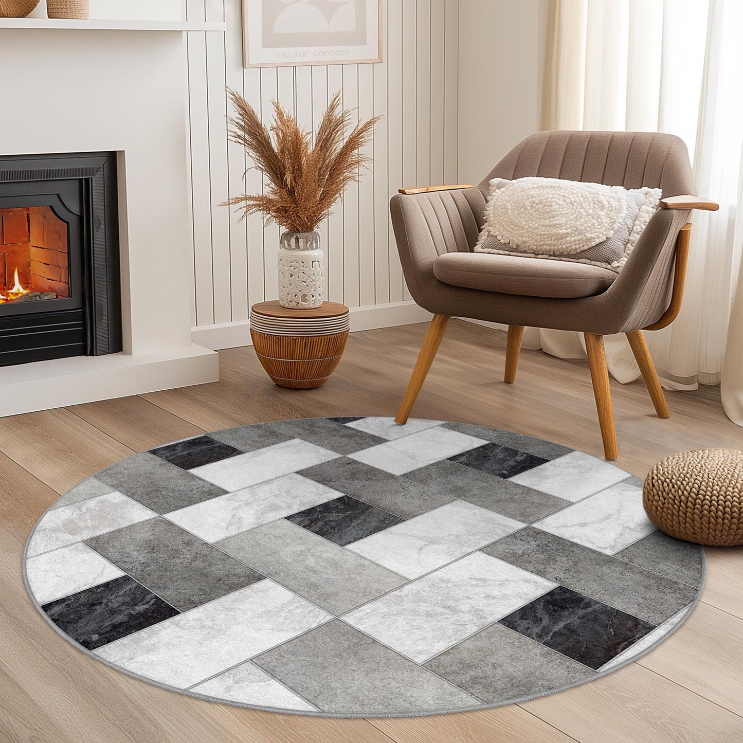 Moderner geometrischer runder Teppich, stilvoller runder Teppich, Wohnzimmerdekoration, weiche runde Fußmatte, zeitgenössisches Wohnaccessoire