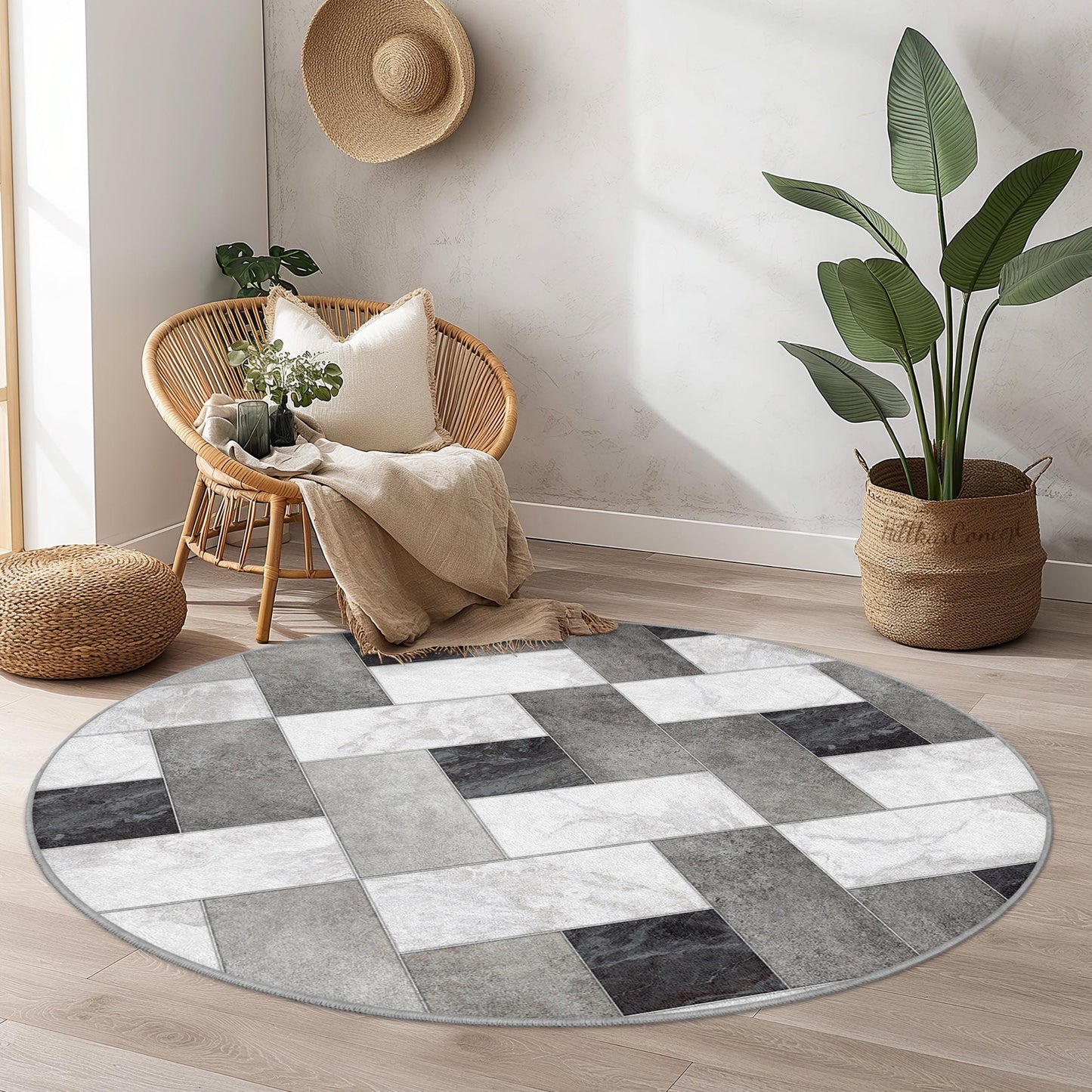 Moderner geometrischer runder Teppich, stilvoller runder Teppich, Wohnzimmerdekoration, weiche runde Fußmatte, zeitgenössisches Wohnaccessoire