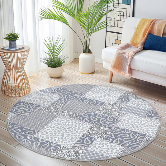Elegant Gray Patchwork Round Area Rug, Vintage Inspired Round Carpet, Living Room Decor, Soft Round Rug, Cozy Home Textiles