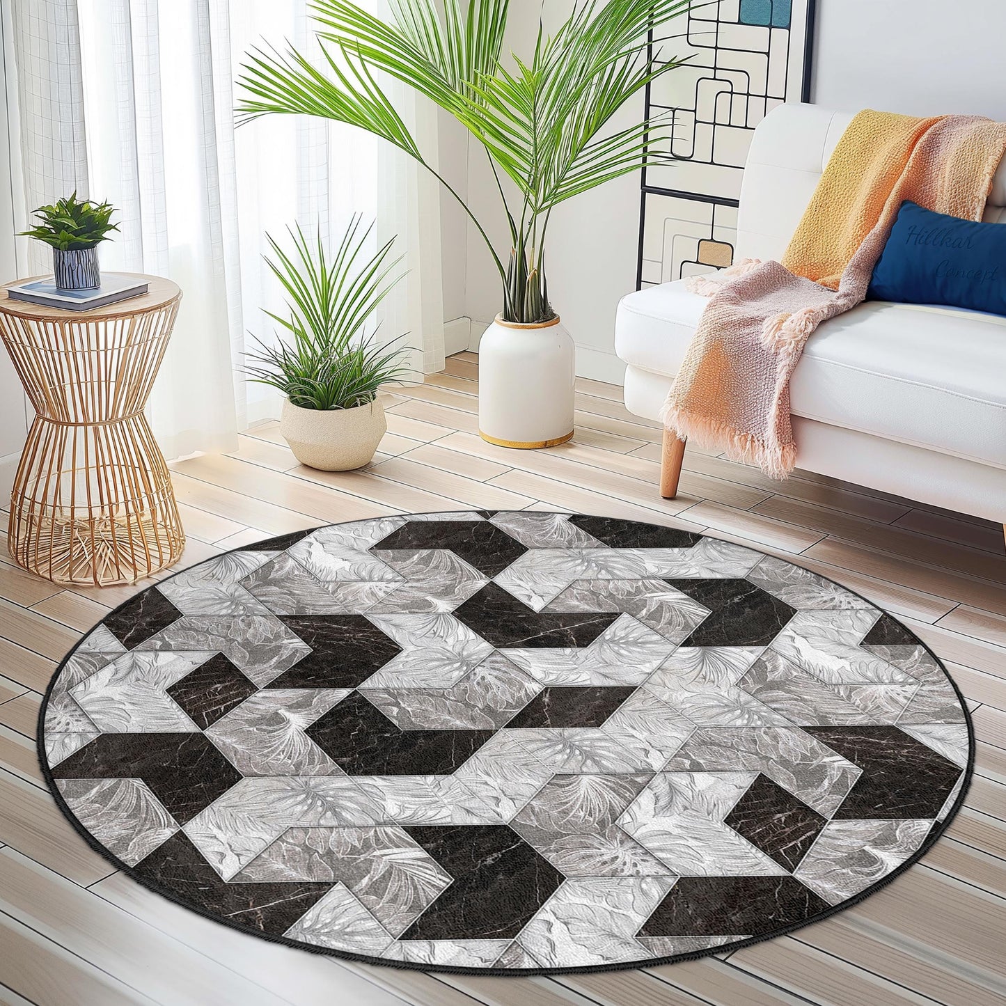 Runder Teppich mit geometrischem Muster, moderner runder Teppich in Schwarz-Weiß, stilvolle Wohnzimmerdekoration, zeitgenössischer runder Teppich