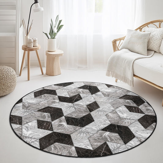 Geometric Pattern Round Area Rug, Modern Black and White Round Rug, Stylish Living Room Decor, Contemporary Round Carpet