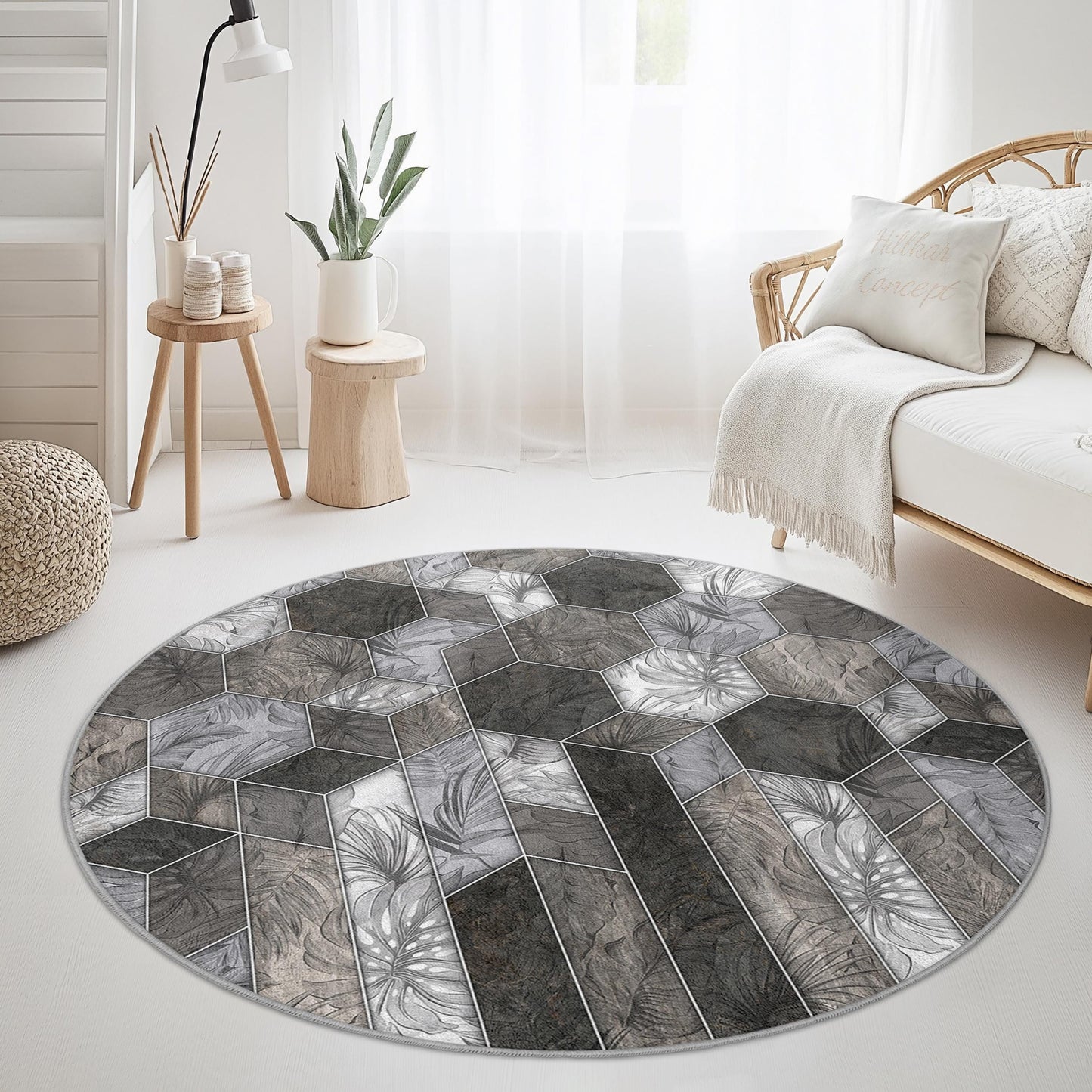 Eleganter runder Teppich mit geometrischem Muster, moderner runder Teppich für das Wohnzimmer, stilvoller runder Dekoteppich
