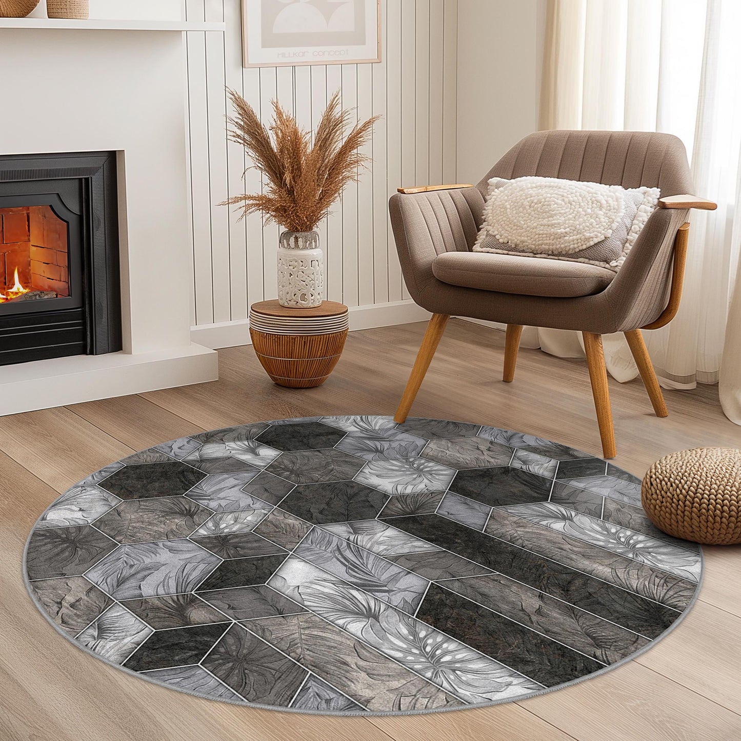 Eleganter runder Teppich mit geometrischem Muster, moderner runder Teppich für das Wohnzimmer, stilvoller runder Dekoteppich