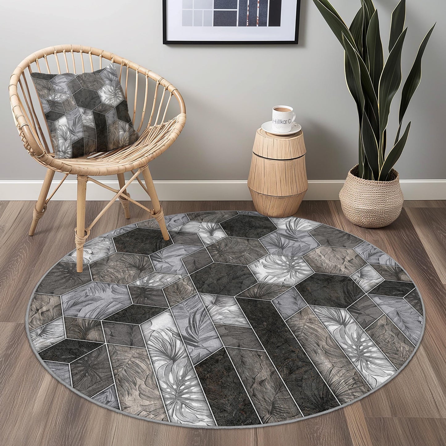 Eleganter runder Teppich mit geometrischem Muster, moderner runder Teppich für das Wohnzimmer, stilvoller runder Dekoteppich