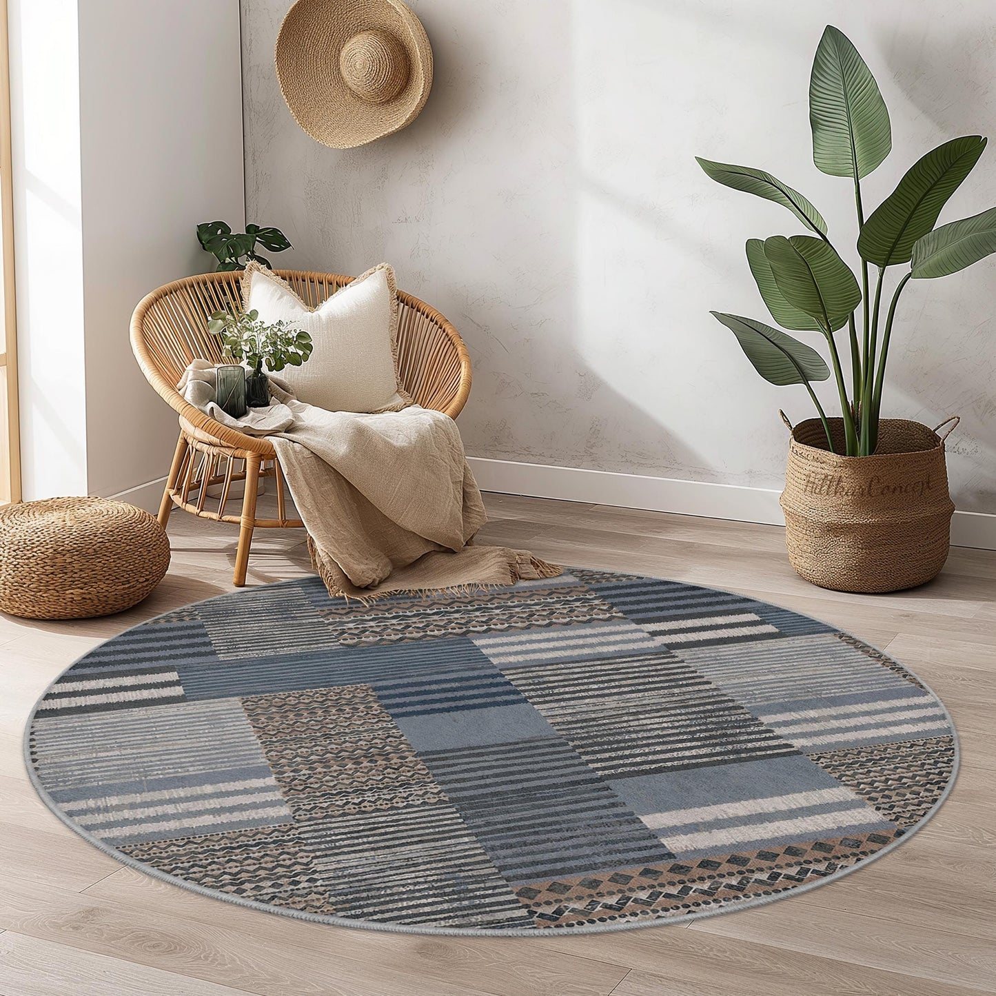 Stilvoller runder Teppich, runder Teppich mit geometrischem Muster, Wohnzimmerdekoration, moderner runder Teppich, weiche runde Fußmatte