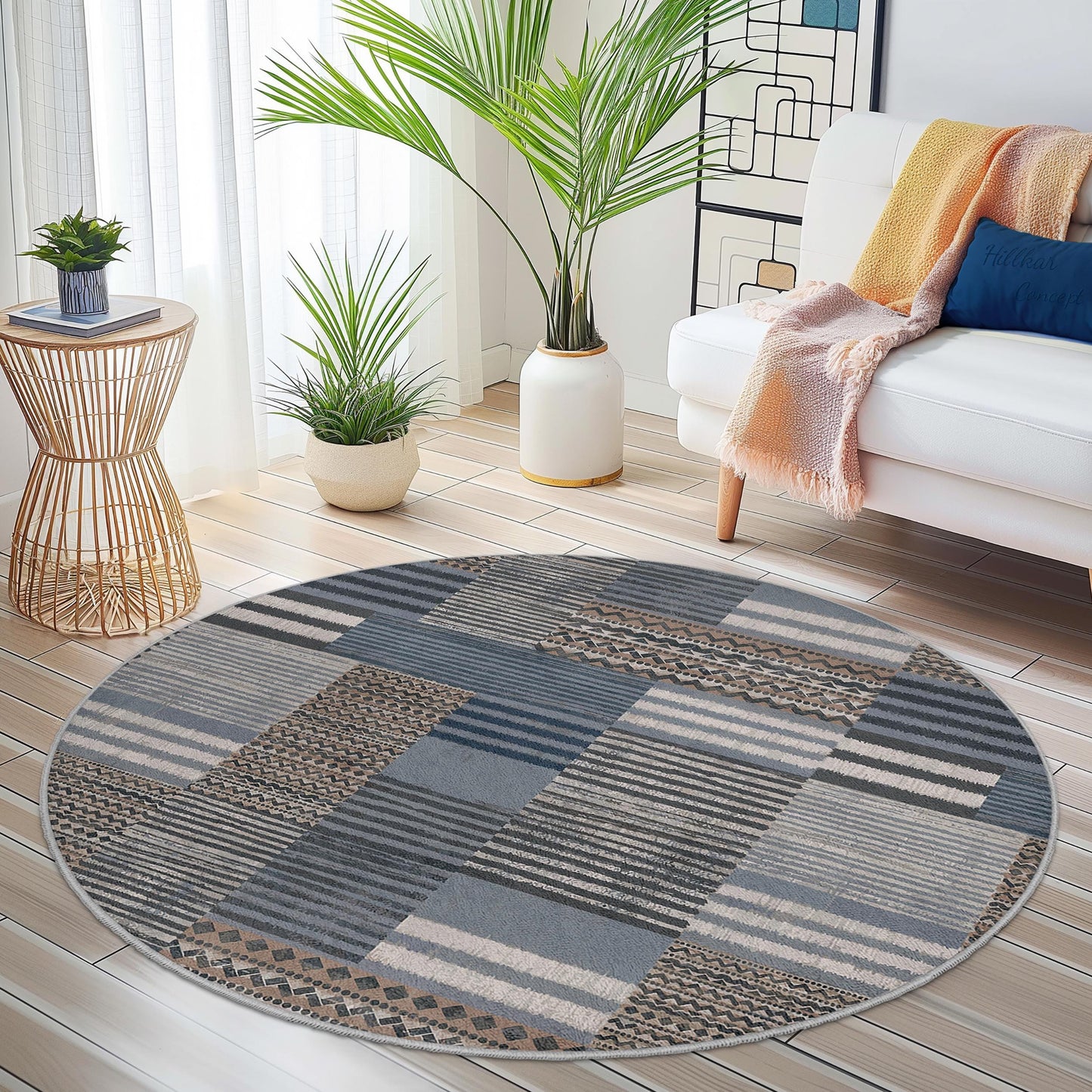 Stilvoller runder Teppich, runder Teppich mit geometrischem Muster, Wohnzimmerdekoration, moderner runder Teppich, weiche runde Fußmatte