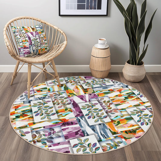 Colorful Leaf Pattern Round Area Rug, Artistic Floral Round Carpet, Modern Circular Rug for Living Room, Decorative Round Rug