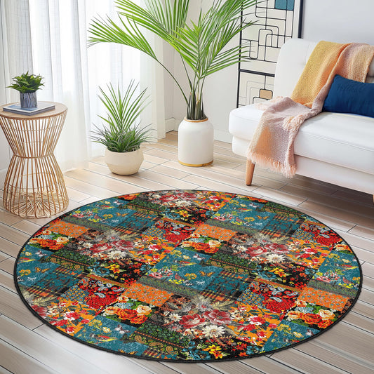 Vibrant Floral Round Area Rug, Colorful Patchwork Rug, Bohemian Home Decor, Round Living Room Carpet, Unique Round Rug for Kids