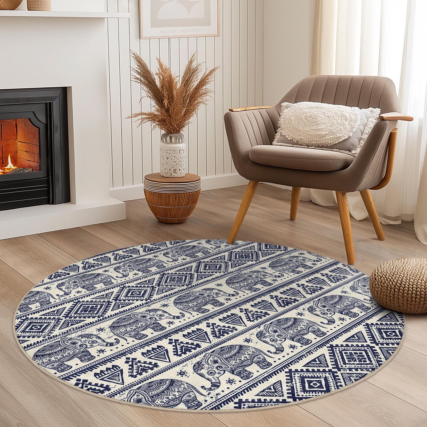 Runder Teppich mit marineblauem Elefantenmuster, Boho-Elefantenteppich, weicher runder Teppich für Wohnzimmer und Kinderzimmer, Teppich im Ethno-Stil