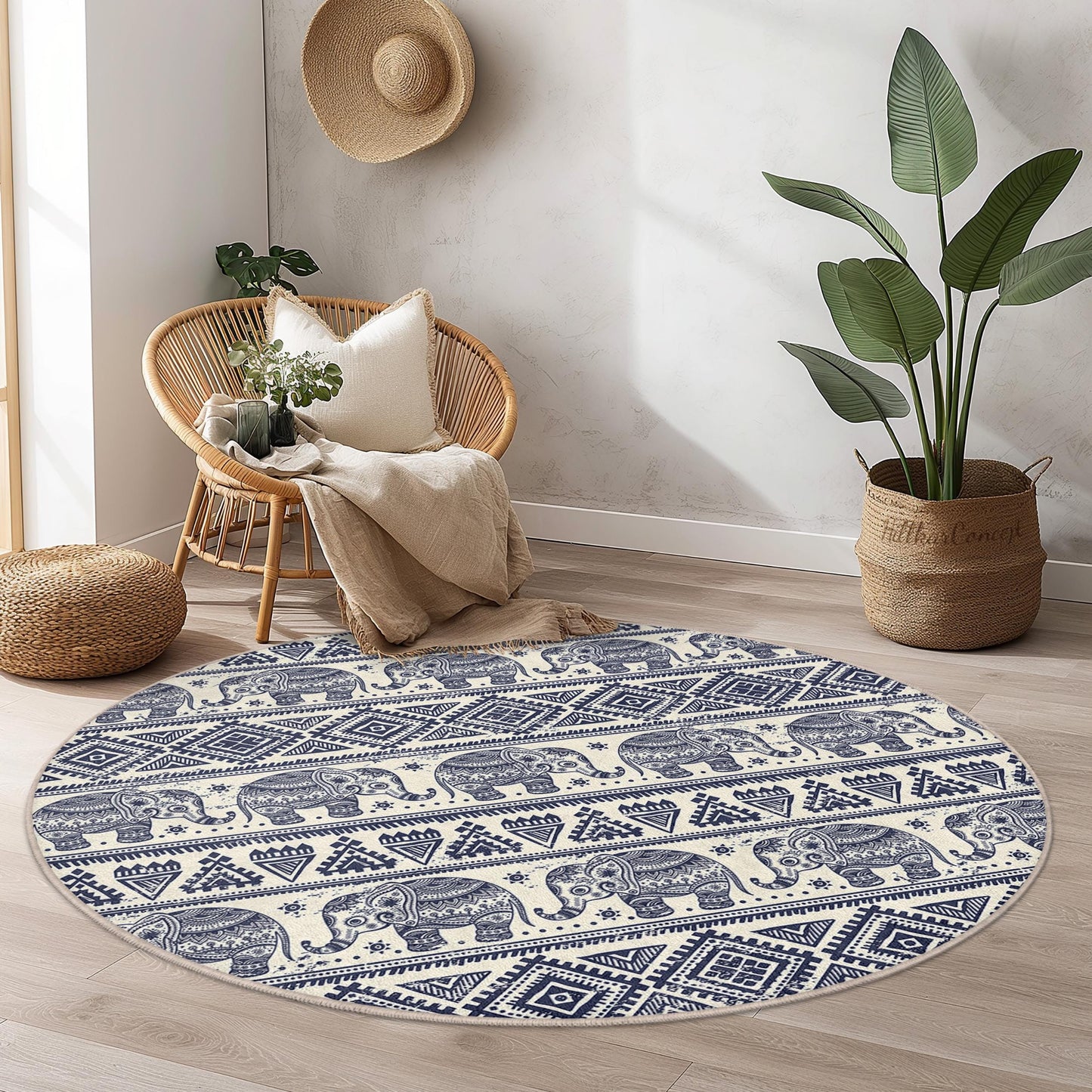 Runder Teppich mit marineblauem Elefantenmuster, Boho-Elefantenteppich, weicher runder Teppich für Wohnzimmer und Kinderzimmer, Teppich im Ethno-Stil