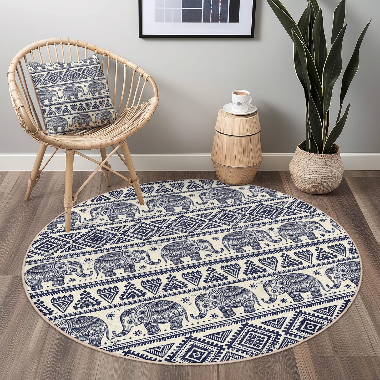 Runder Teppich mit marineblauem Elefantenmuster, Boho-Elefantenteppich, weicher runder Teppich für Wohnzimmer und Kinderzimmer, Teppich im Ethno-Stil