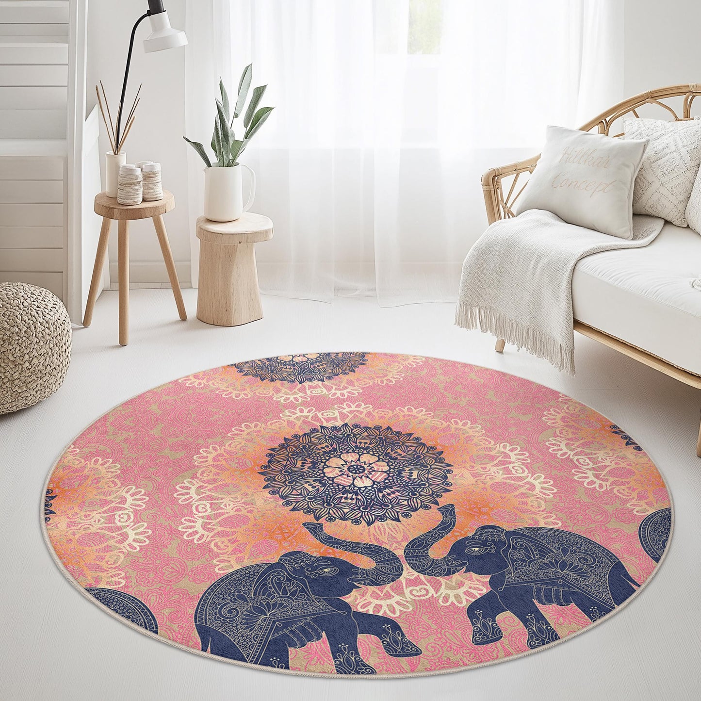 Eleganter runder Teppich mit Elefanten-Mandala-Motiv, runder Teppich im Bohème-Stil, Wohnzimmerdeko in Rosa und Marineblau, einzigartiger runder Teppich für Zuhause
