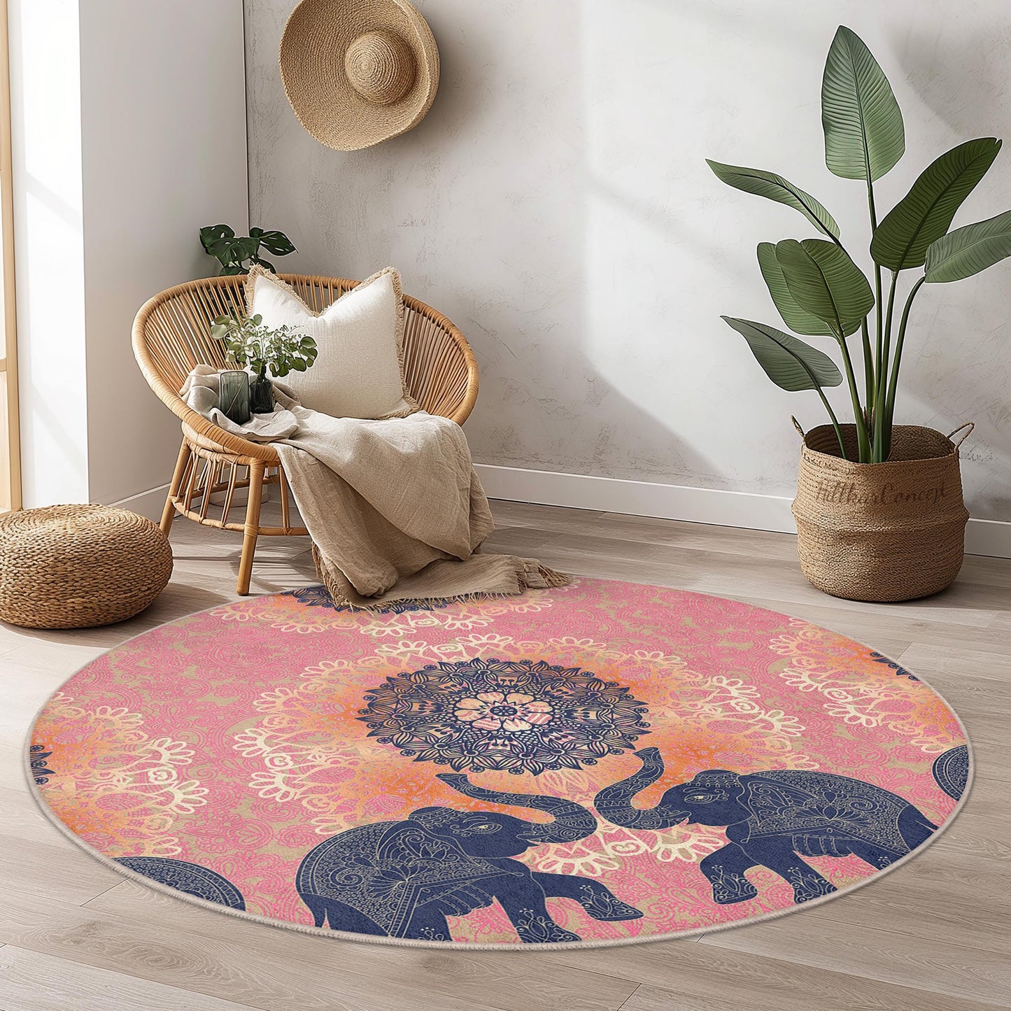 Eleganter runder Teppich mit Elefanten-Mandala-Motiv, runder Teppich im Bohème-Stil, Wohnzimmerdeko in Rosa und Marineblau, einzigartiger runder Teppich für Zuhause