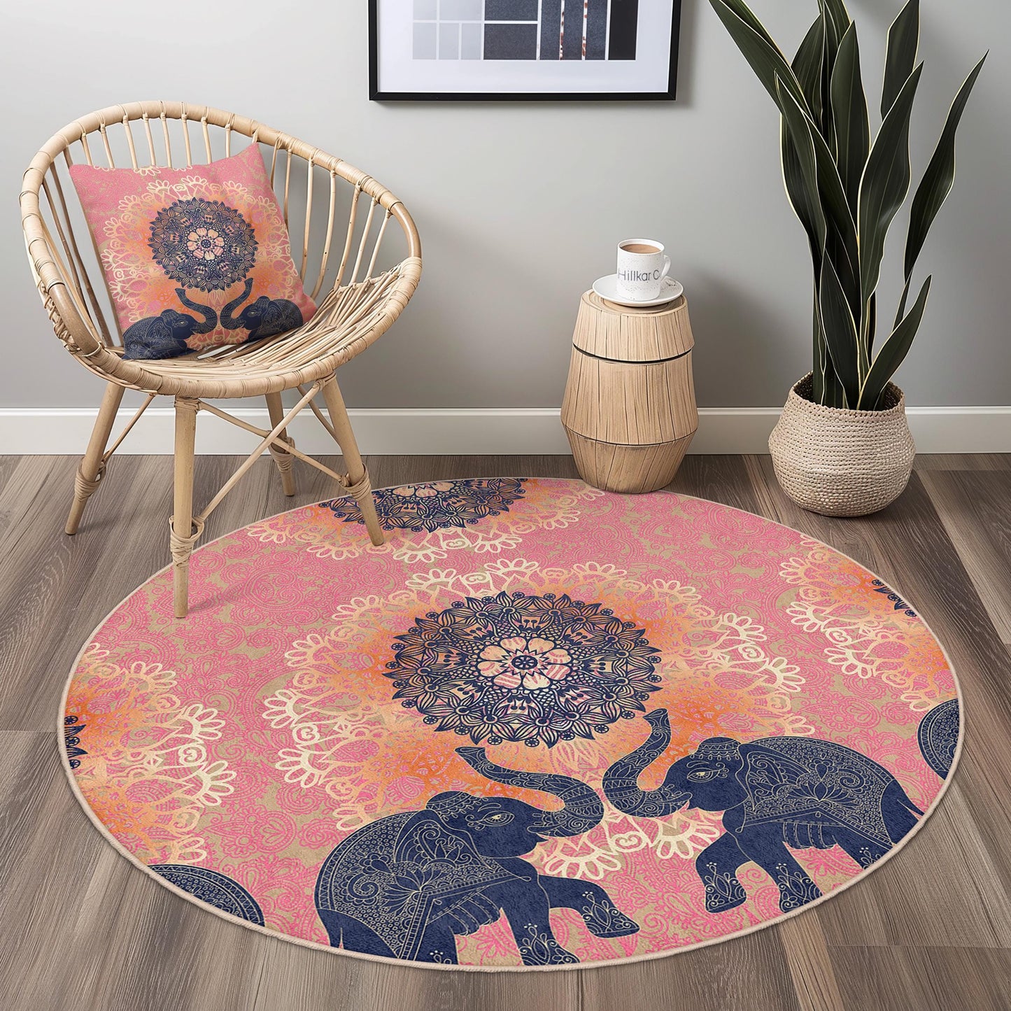 Eleganter runder Teppich mit Elefanten-Mandala-Motiv, runder Teppich im Bohème-Stil, Wohnzimmerdeko in Rosa und Marineblau, einzigartiger runder Teppich für Zuhause