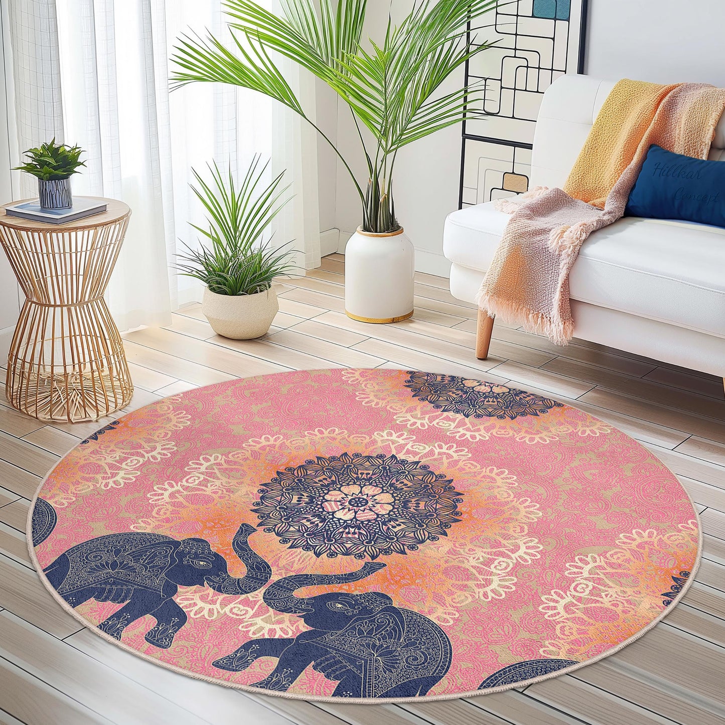 Eleganter runder Teppich mit Elefanten-Mandala-Motiv, runder Teppich im Bohème-Stil, Wohnzimmerdeko in Rosa und Marineblau, einzigartiger runder Teppich für Zuhause