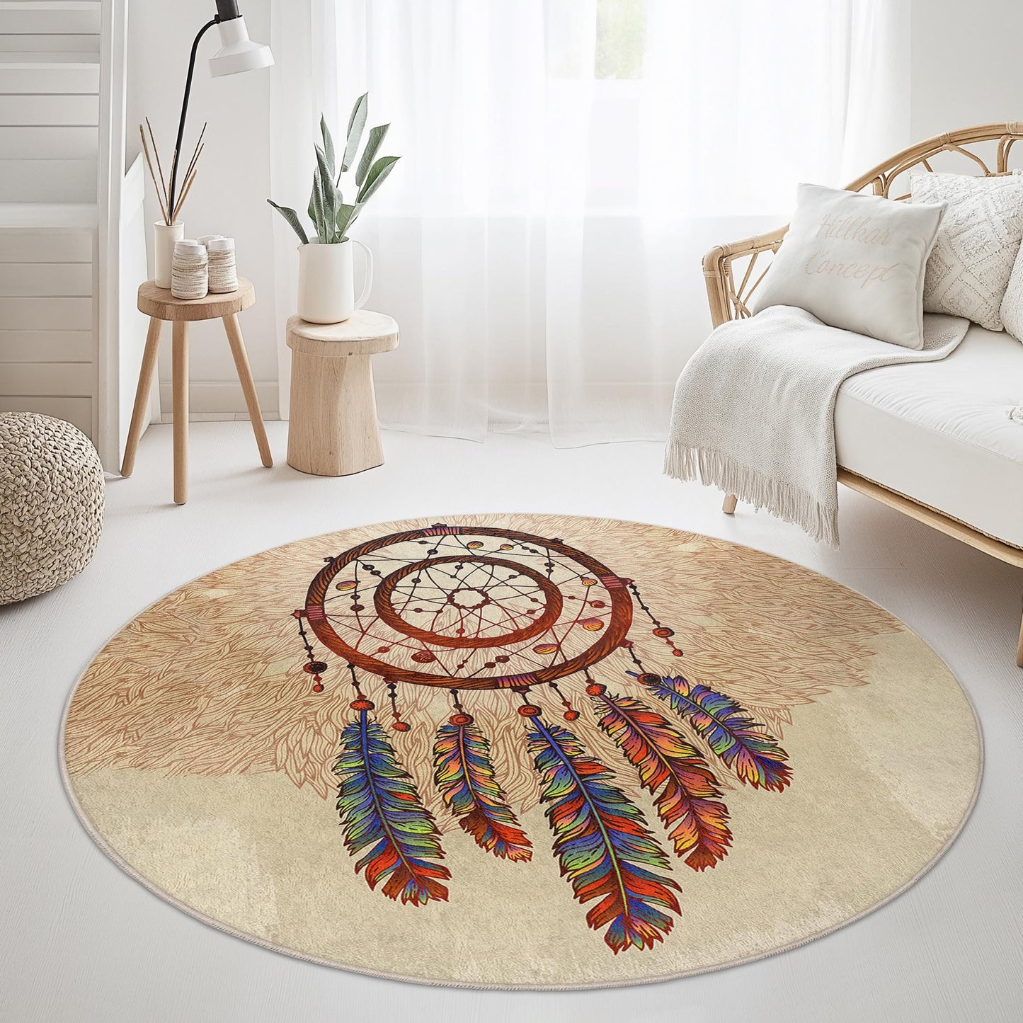 Runder Teppich „Bohemian Dreamcatcher“: Bunte Feder-Fußmatte