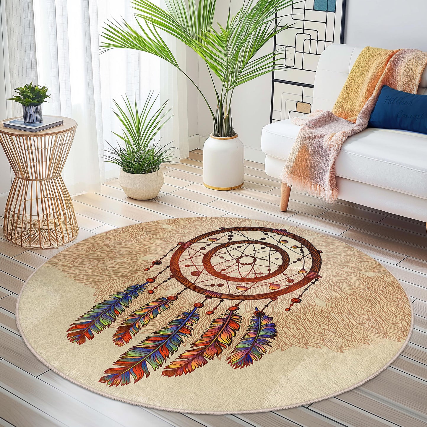 Runder Teppich „Bohemian Dreamcatcher“: Bunte Feder-Fußmatte