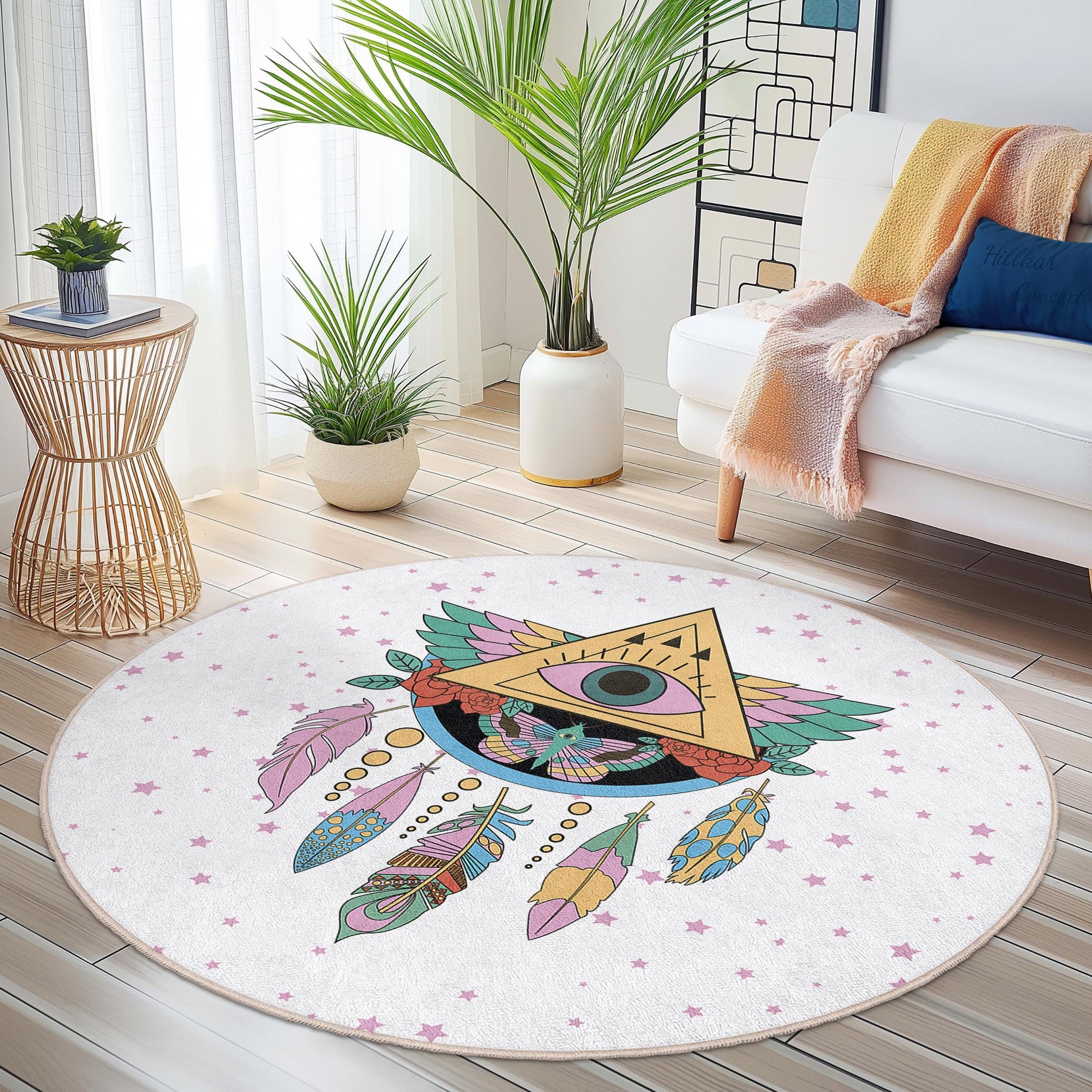 Dreamy Bohemian Round Area Rug, Eye and Feather Design, Round Living Room Rug, Boho Chic Decor, Unique Home Accent Rug