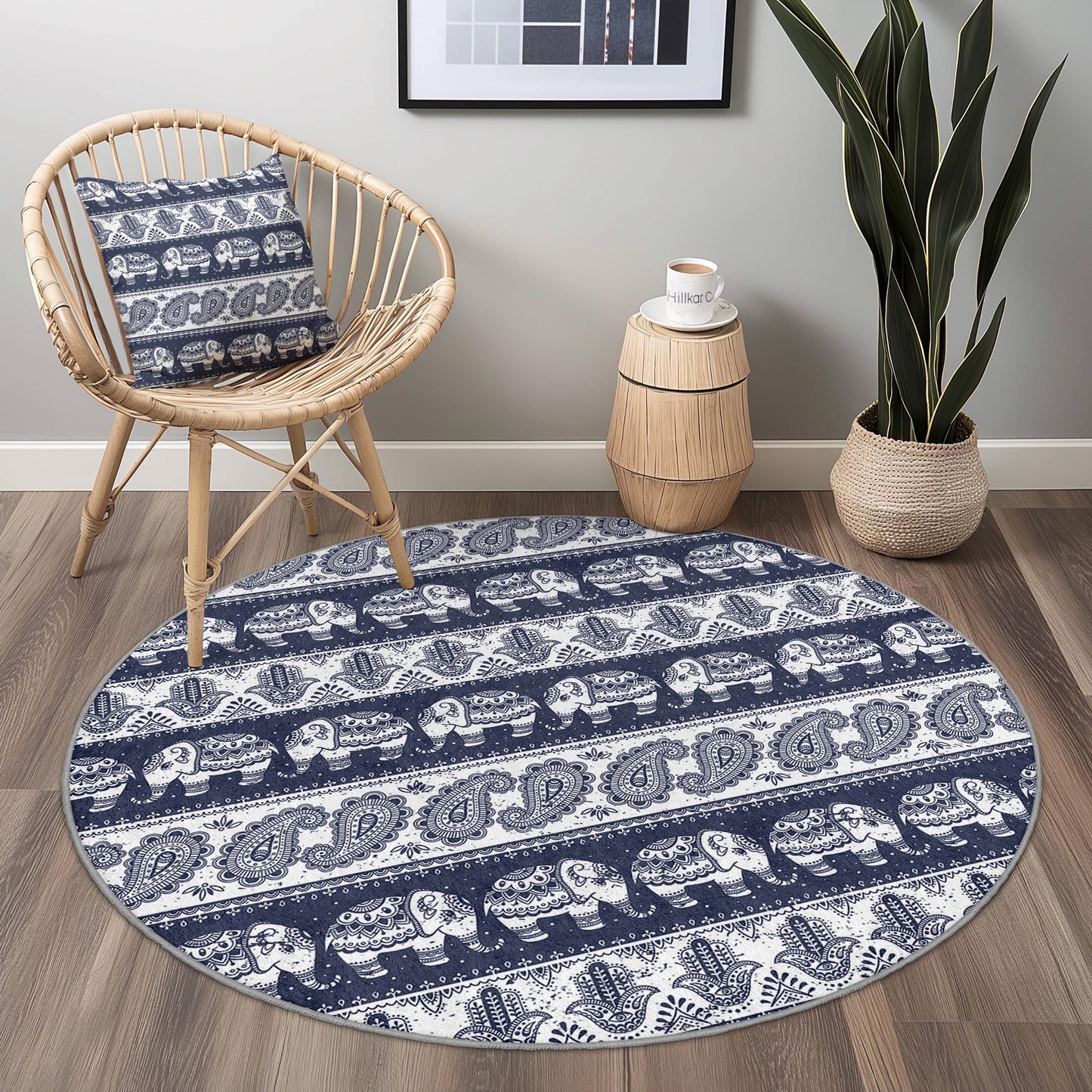 Eleganter runder Elefantenteppich, Boho-Elefantenteppich, runder Teppich für den Innenbereich, Wohnzimmerdekoration, runde Schlafzimmermatte